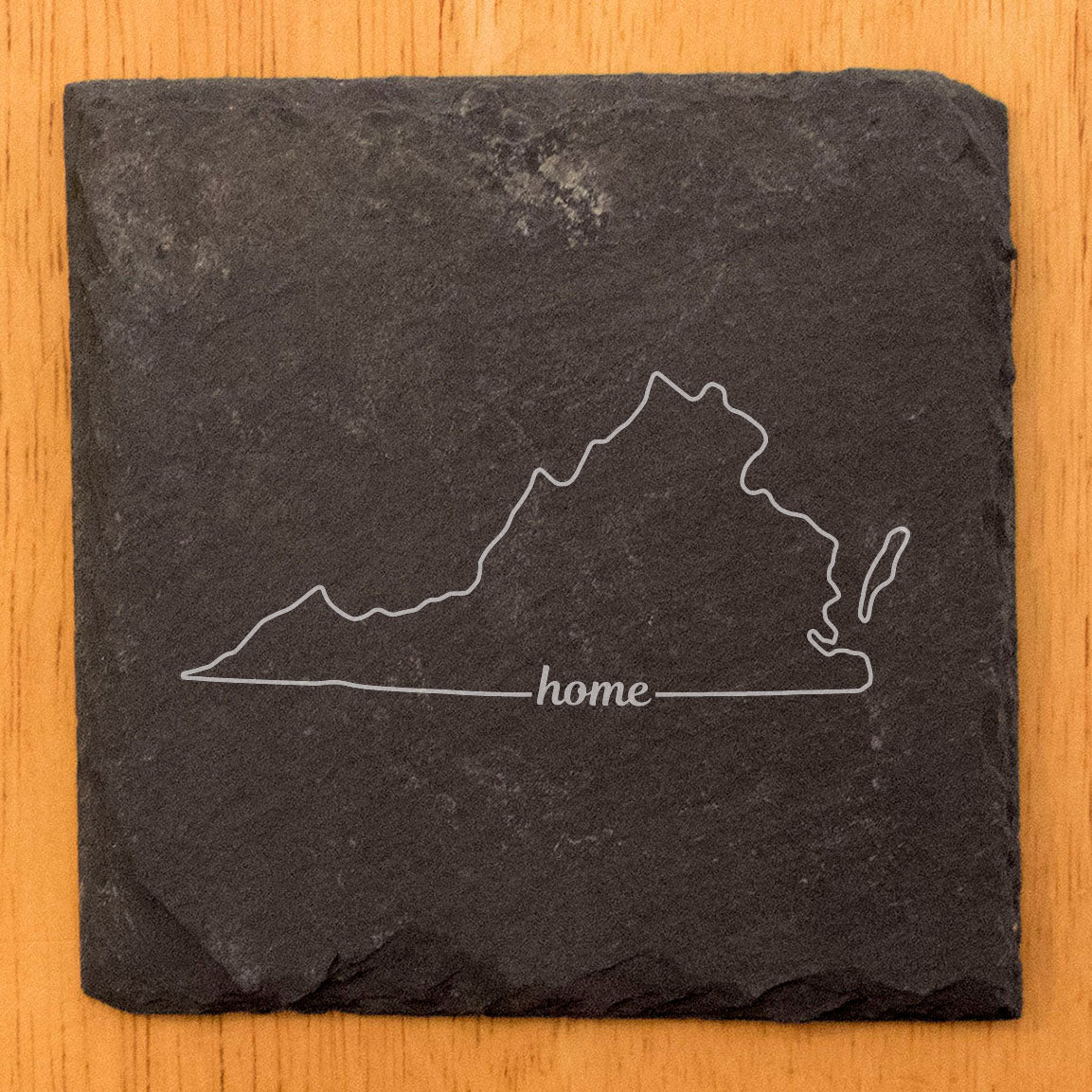 Rustic Slate Coasters Set of 4, Virginia 'Home' Design, 4" Round, Natural Chipped Edge, Rubber Feet, , Perfect for Holidays, Birthdays, Housewarming, Made in Oregon, USA