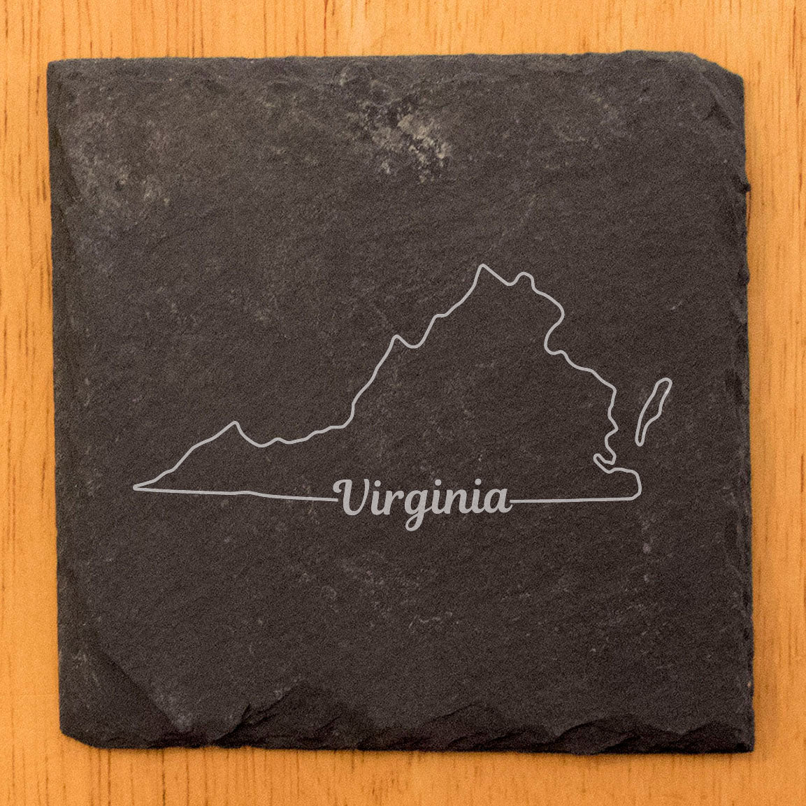 Rustic Slate Coasters Set of 4, Virginia State Design, 4" Round, Laser Etched, Natural Chipped Edge, Rubber Feet, , Perfect for Holidays, Birthdays, Housewarming, Made in USA