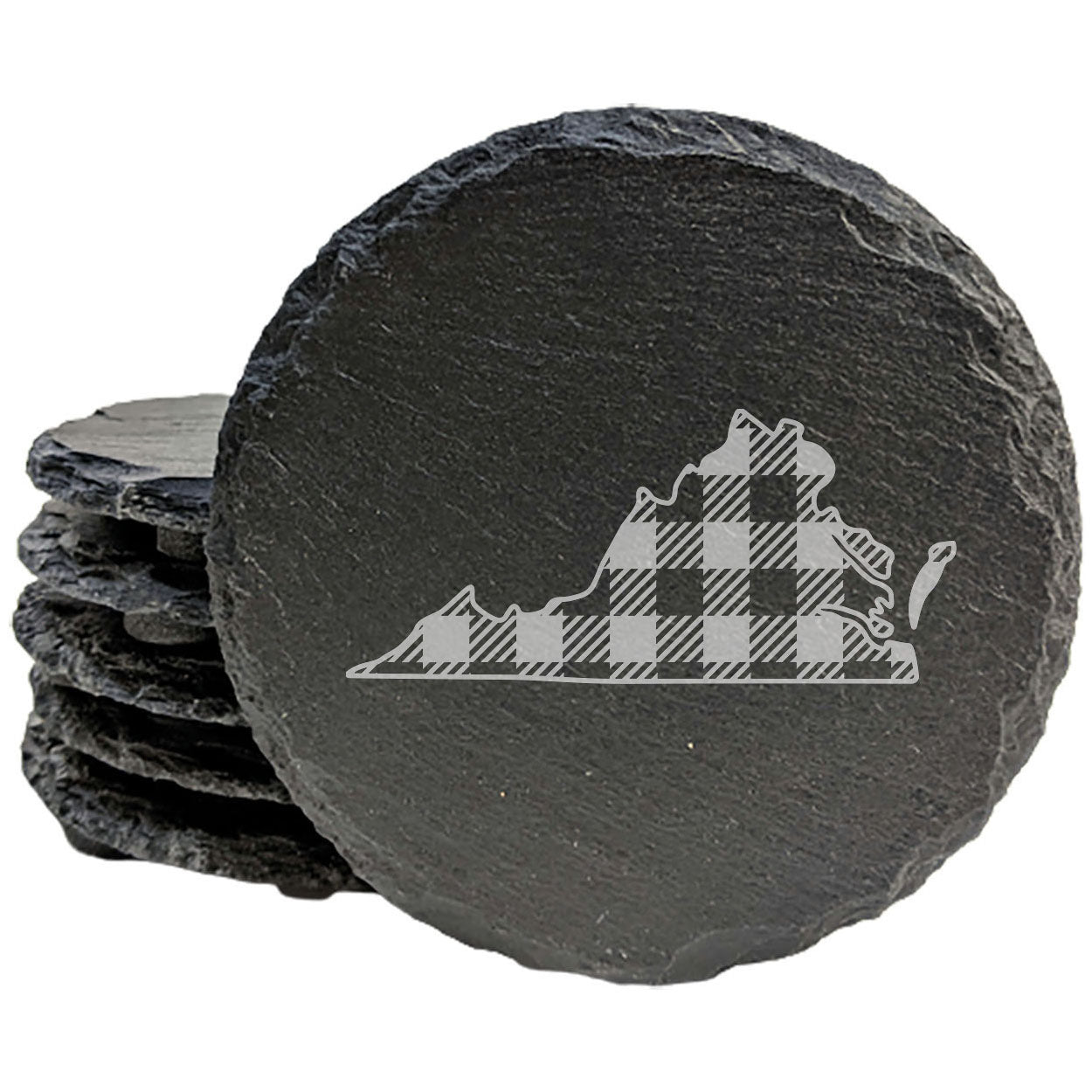 Rustic Slate Coasters Set of 4 - Virginia Plaid Design, 4" Round, Natural Chipped Edge, Rubber Feet, - Perfect for Holidays, Birthdays, Housewarming - Made in Oregon, USA
