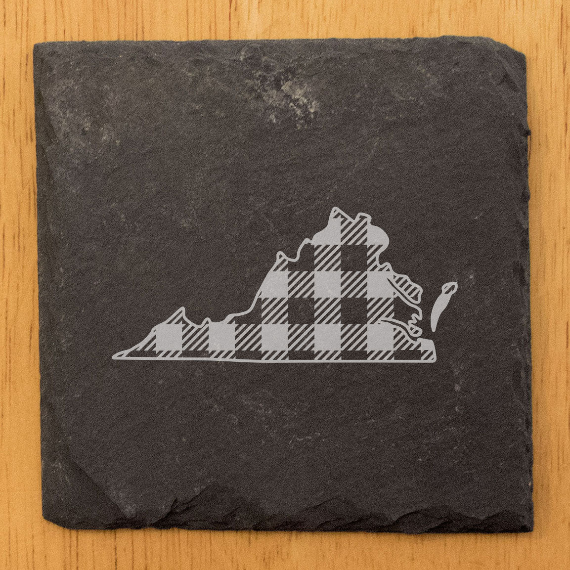 Rustic Slate Coasters Set of 4 - Virginia Plaid Design, 4" Round, Natural Chipped Edge, Rubber Feet, - Perfect for Holidays, Birthdays, Housewarming - Made in Oregon, USA