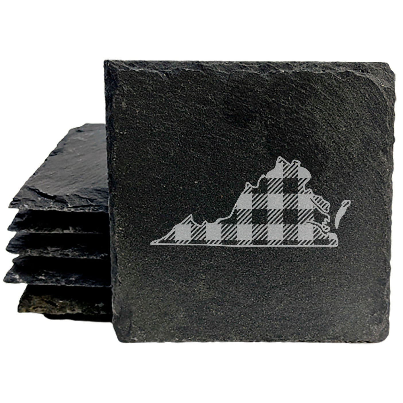 Rustic Slate Coasters Set of 4 - Virginia Plaid Design, 4" Round, Natural Chipped Edge, Rubber Feet, - Perfect for Holidays, Birthdays, Housewarming - Made in Oregon, USA