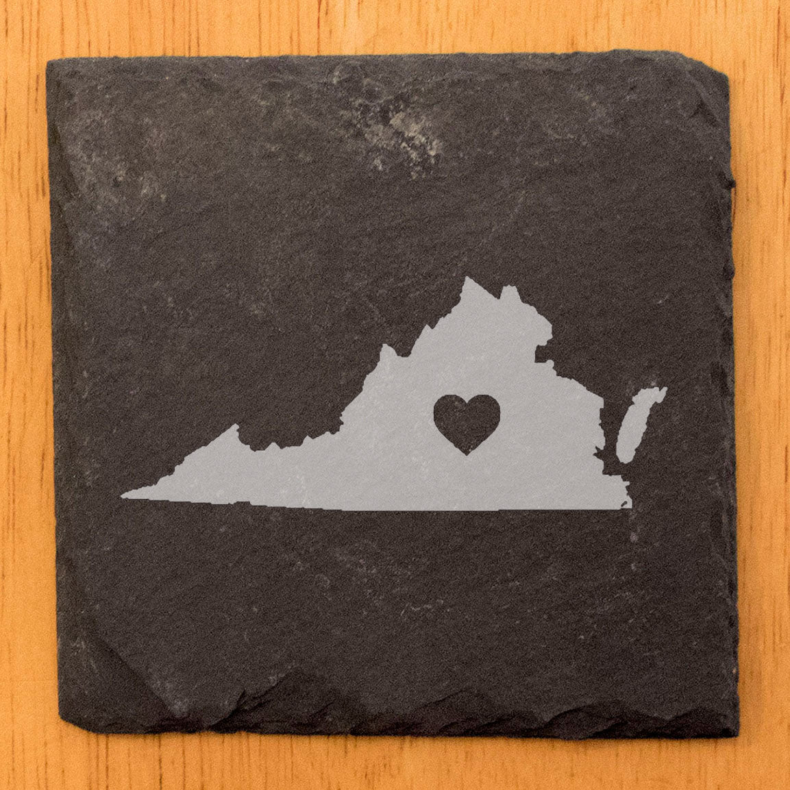 Rustic Slate Coasters Set of 4, Round 4" with Virginia Heart Design, Laser Etched, Perfect for Holidays, Birthdays, Housewarming Gifts, Made in Oregon, USA, Natural Chipped Edge, Rubber Feet