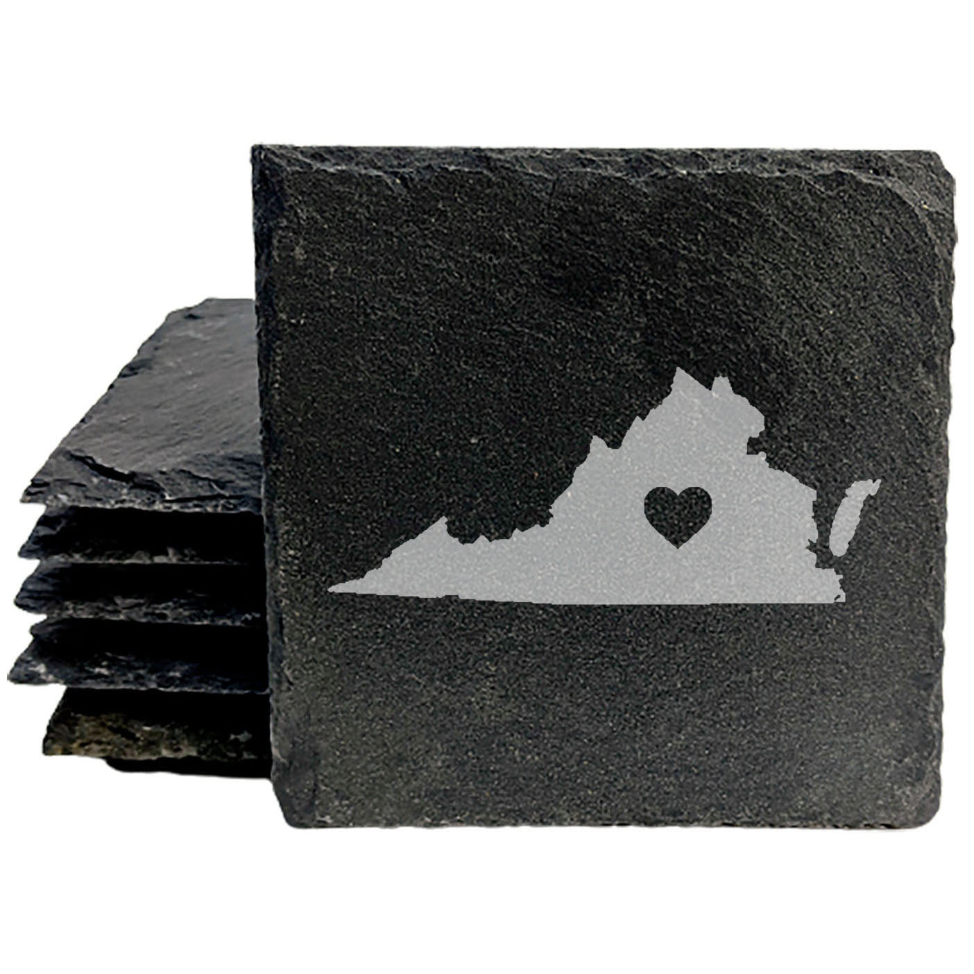 Rustic Slate Coasters Set of 4, Round 4" with Virginia Heart Design, Laser Etched, Perfect for Holidays, Birthdays, Housewarming Gifts, Made in Oregon, USA, Natural Chipped Edge, Rubber Feet