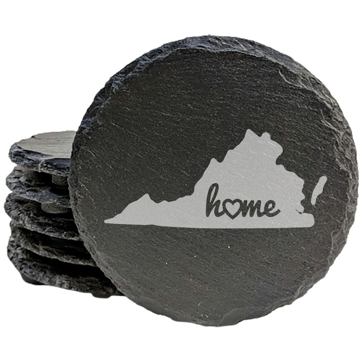 Rustic Slate Coasters Set of 4 - Virginia 'Home' Design, Heart Detail, 4" Round, Natural Chipped Edge, Rubber Feet, - Perfect for Holidays, Housewarming, She-Shed, Man Cave - Made in Oregon, USA