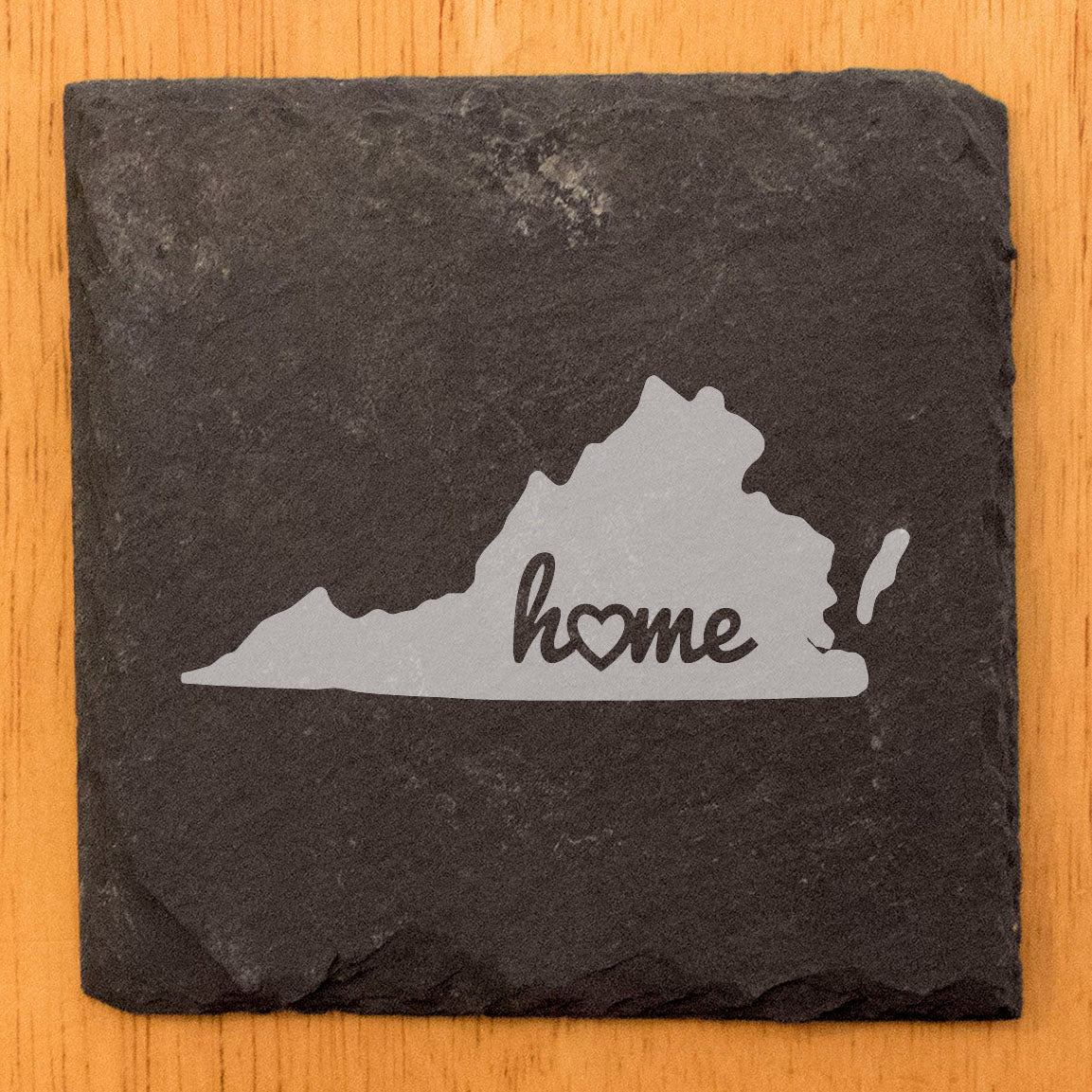 Rustic Slate Coasters Set of 4 - Virginia 'Home' Design, Heart Detail, 4" Round, Natural Chipped Edge, Rubber Feet, - Perfect for Holidays, Housewarming, She-Shed, Man Cave - Made in Oregon, USA