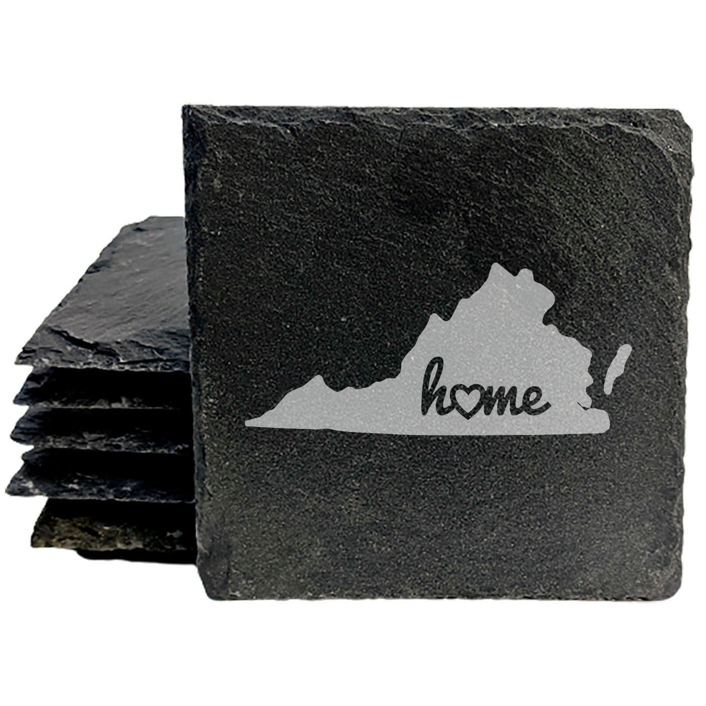 Rustic Slate Coasters Set of 4 - Virginia 'Home' Design, Heart Detail, 4" Round, Natural Chipped Edge, Rubber Feet, - Perfect for Holidays, Housewarming, She-Shed, Man Cave - Made in Oregon, USA