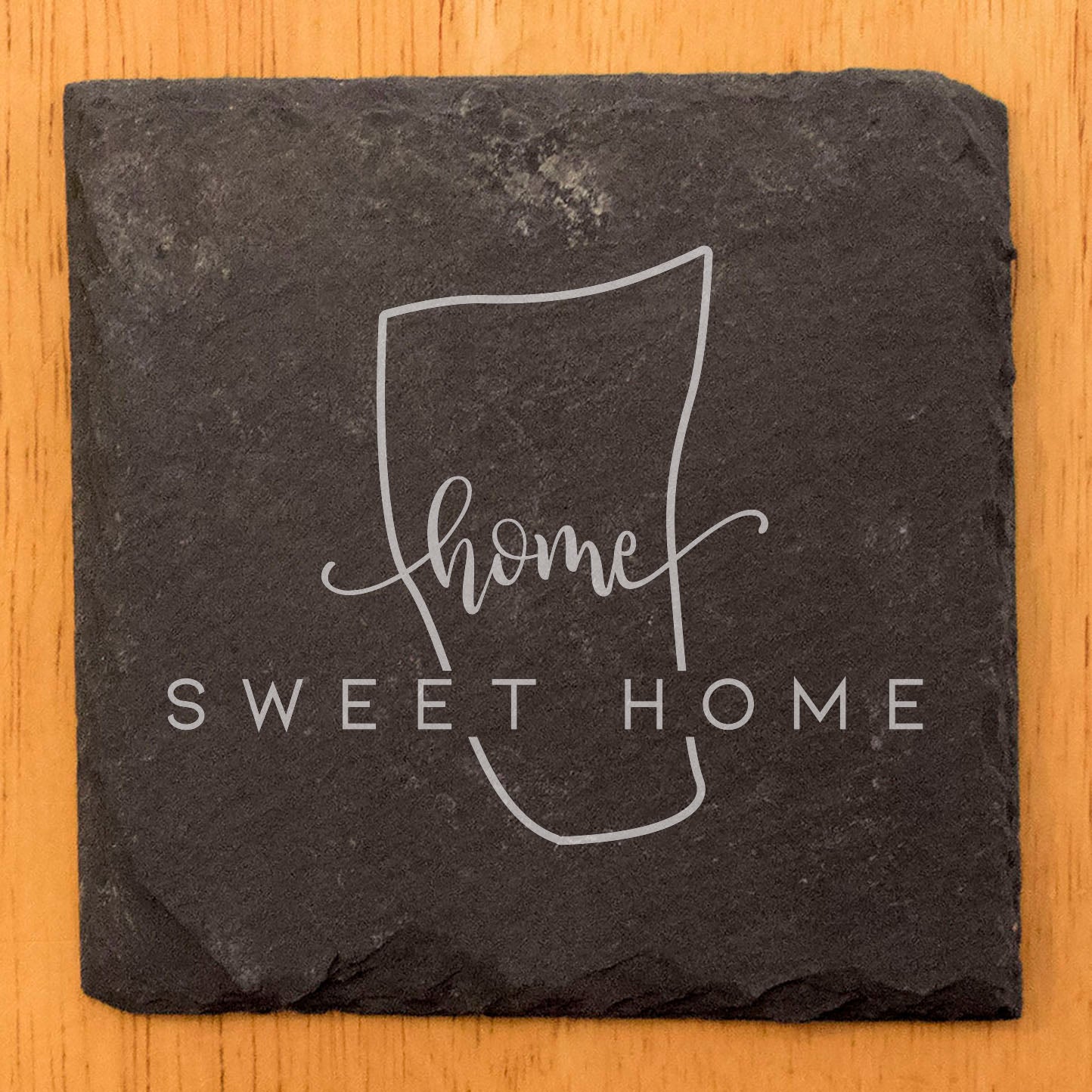 Rustic Slate Coasters Set of 4 - Round 4" with 'Home Sweet Home' Vermont Design - Perfect Gift for Holidays, Birthdays, Housewarming - Made in Oregon, USA - Natural Chipped Edge, Rubber Feet