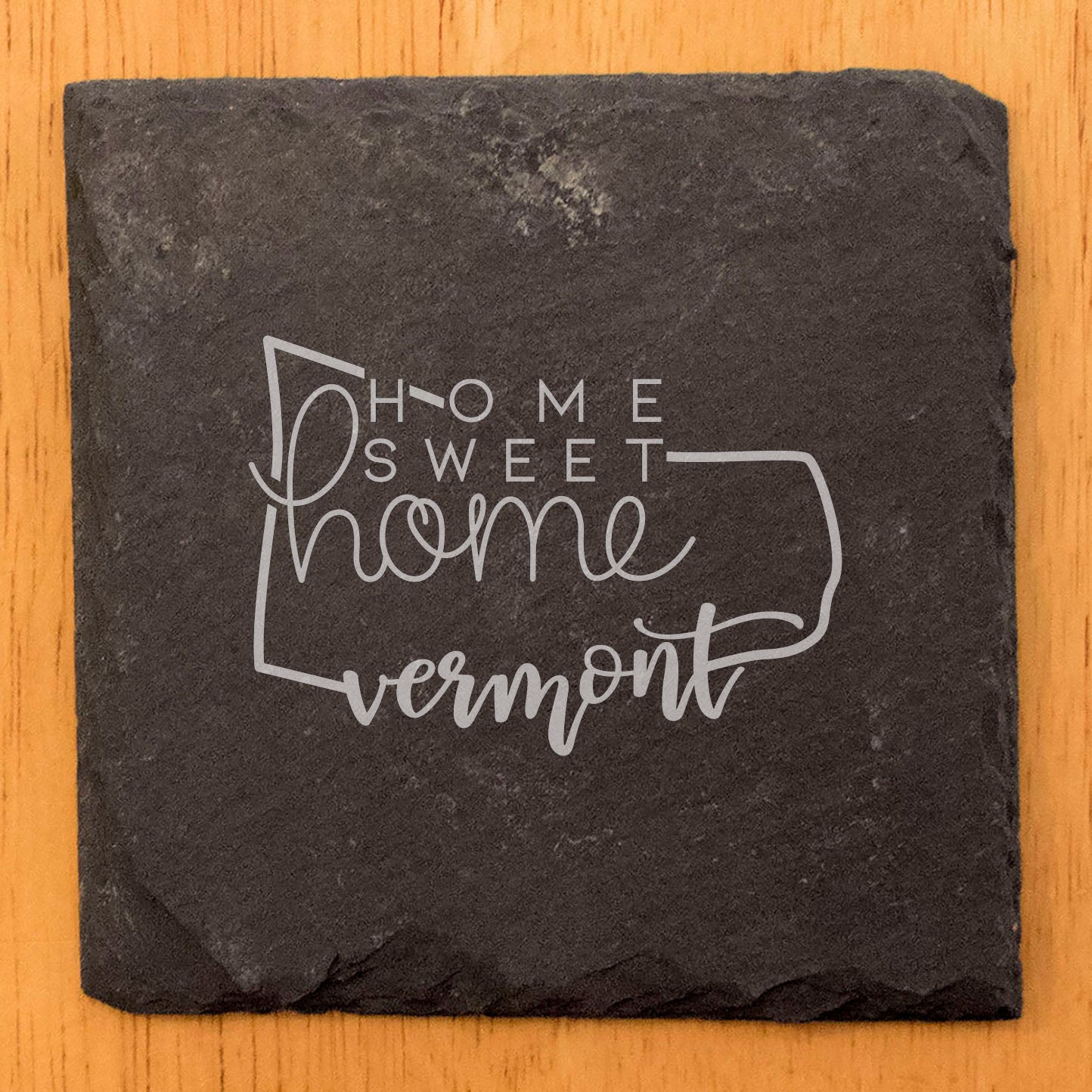 Rustic Slate Coasters Set of 4, Laser Etched Vermont Design, 4" Round, Natural Chipped Edge, Rubber Feet, Perfect for She-Shed, Man Cave, Gifts for Holidays, Birthdays, Housewarming, Made in USA