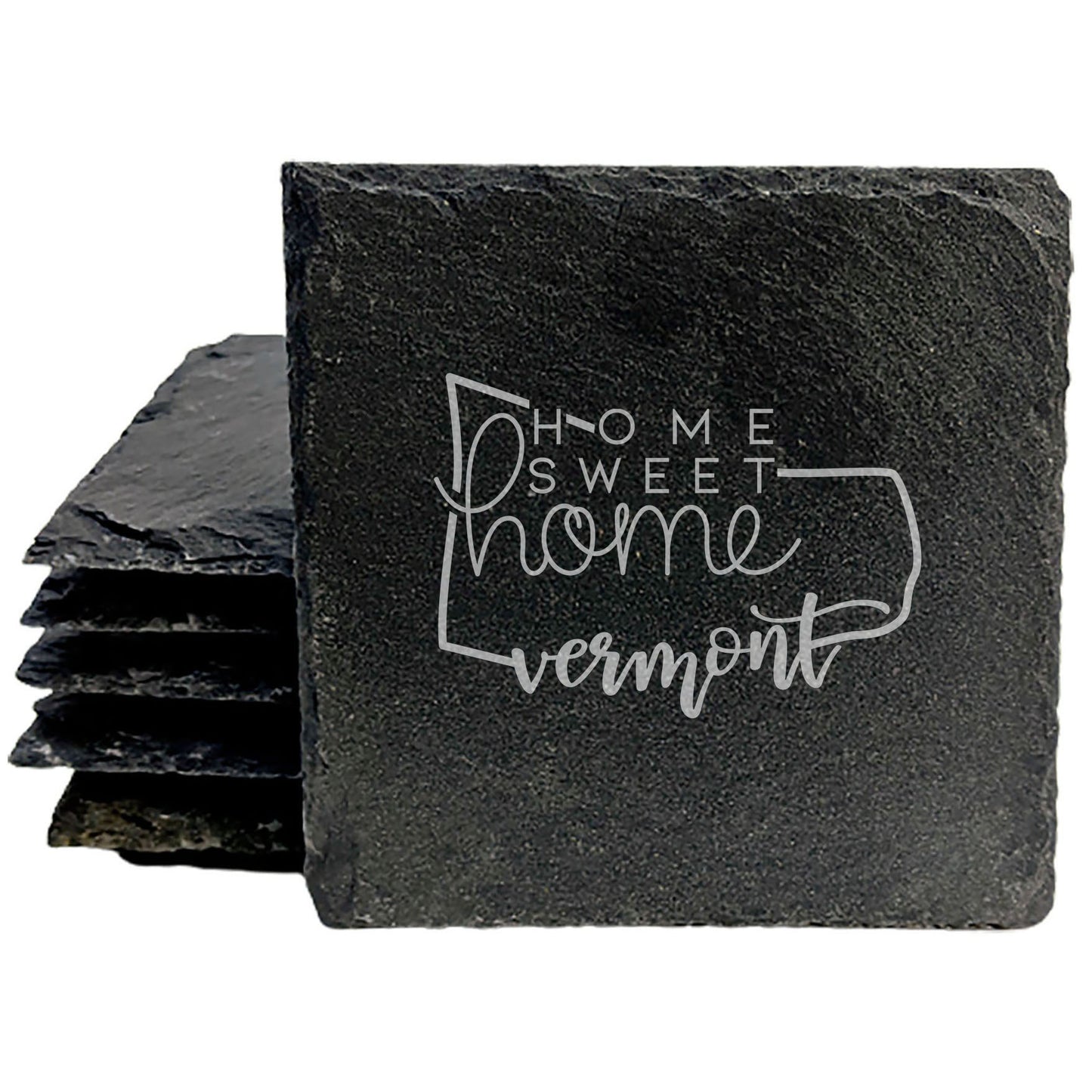 Rustic Slate Coasters Set of 4, Laser Etched Vermont Design, 4" Round, Natural Chipped Edge, Rubber Feet, Perfect for She-Shed, Man Cave, Gifts for Holidays, Birthdays, Housewarming, Made in USA