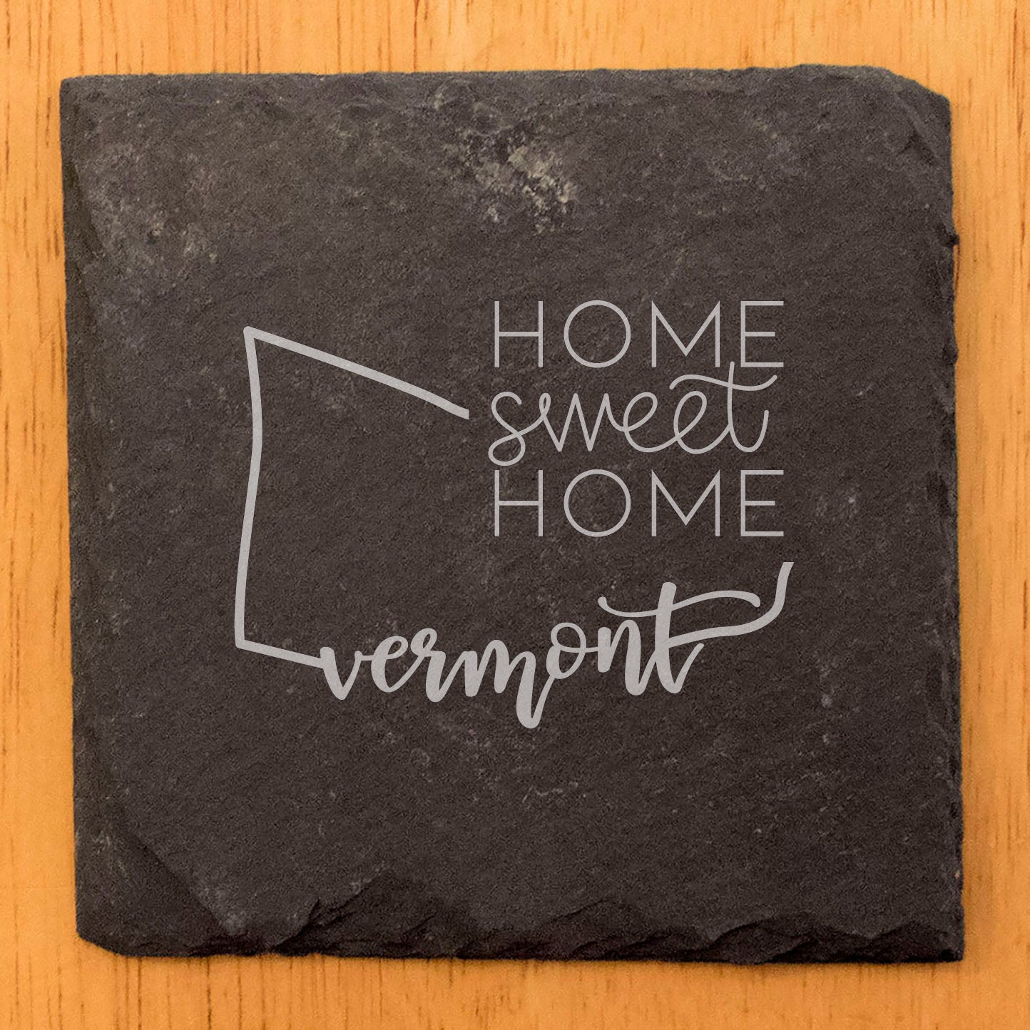 Rustic Slate Coasters Set of 4, Round 4" with Vermont 'Home Sweet Home' Design, Laser Etched, Perfect for Holidays, Birthdays, Housewarming Gifts, Made in Oregon, USA, Natural Chipped Edge