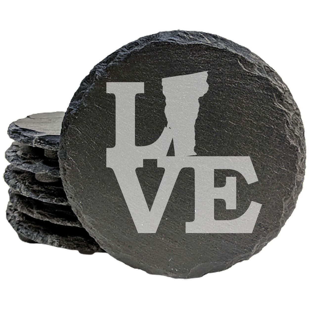 Rustic Slate Coasters Set of 4 - Laser Etched 'LOVE' Vermont Design - Perfect Gift for Holidays, Birthdays, Housewarming - 4" Round, Natural Chipped Edge, Rubber Feet - Made in Oregon, USA