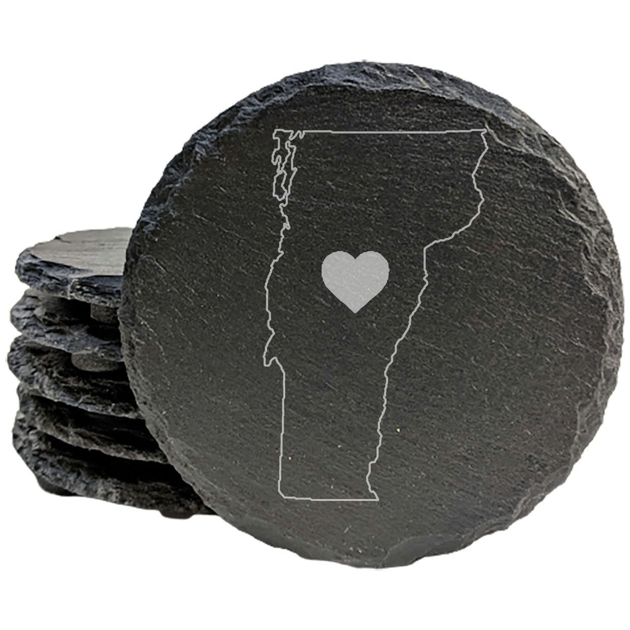 Rustic Slate Coasters Set of 4, Round 4" with Vermont Heart Design, Laser Etched, Natural Chipped Edge, Rubber Feet, , Perfect for She-Shed, Man Cave, Made in Oregon, USA