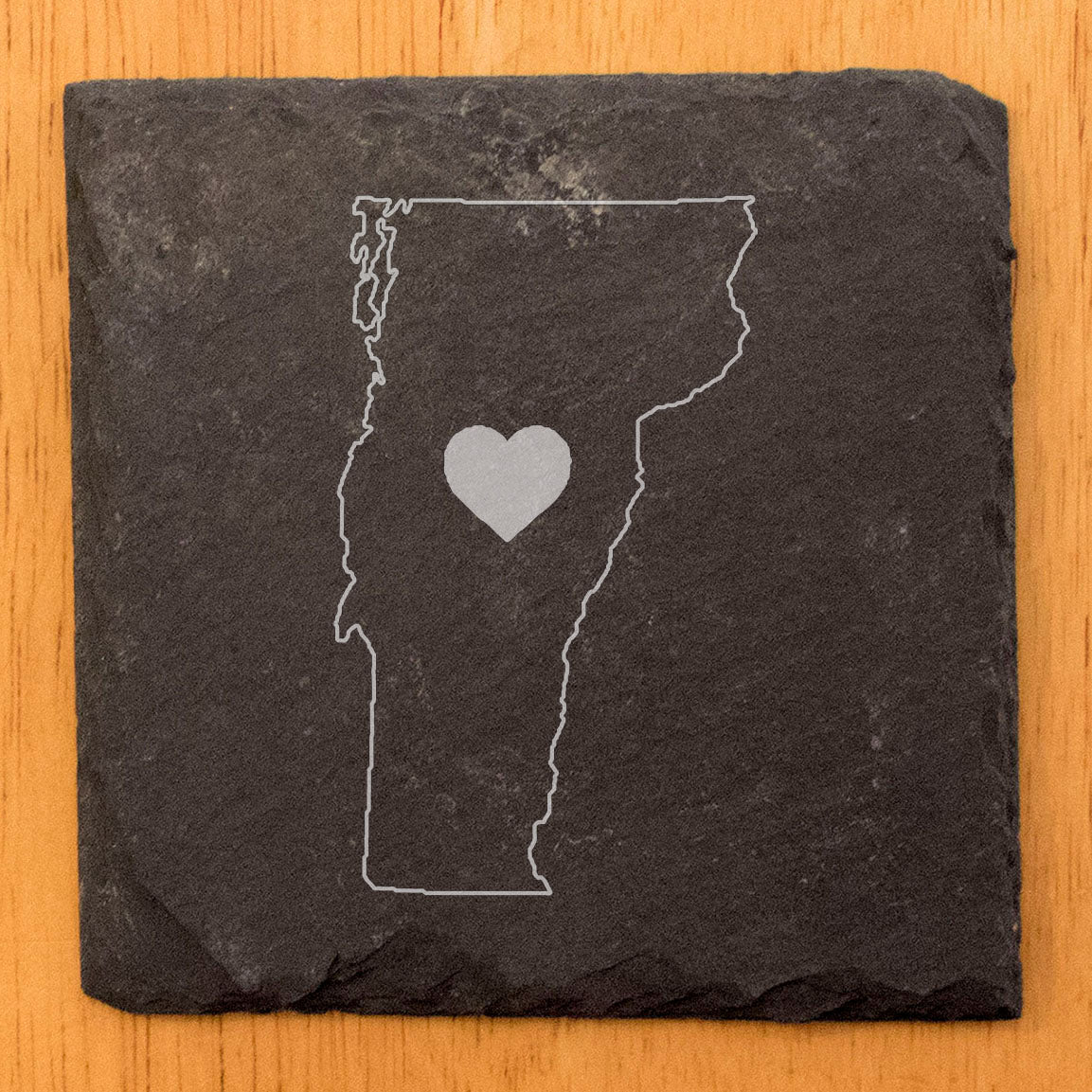Rustic Slate Coasters Set of 4, Round 4" with Vermont Heart Design, Laser Etched, Natural Chipped Edge, Rubber Feet, , Perfect for She-Shed, Man Cave, Made in Oregon, USA