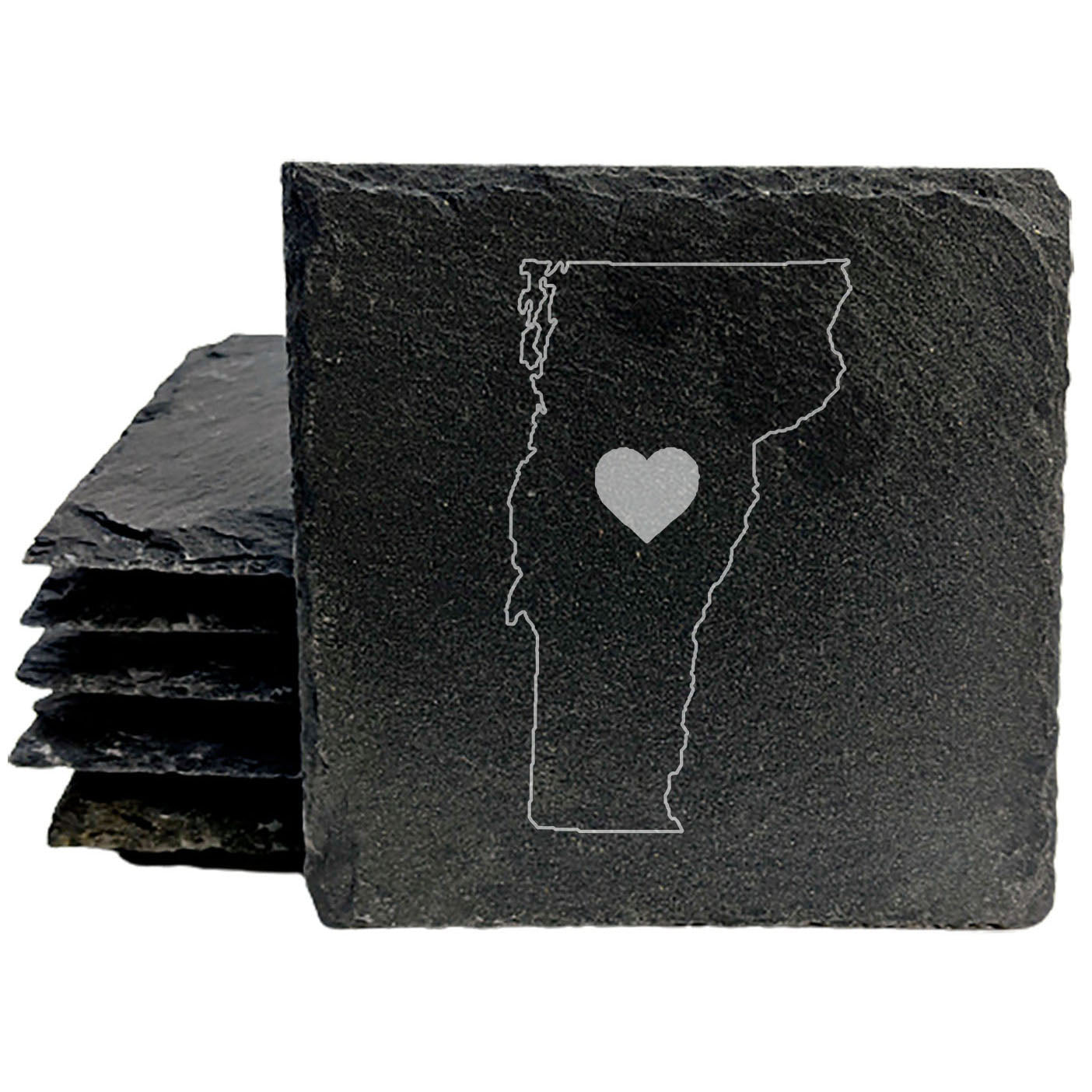 Rustic Slate Coasters Set of 4, Round 4" with Vermont Heart Design, Laser Etched, Natural Chipped Edge, Rubber Feet, , Perfect for She-Shed, Man Cave, Made in Oregon, USA