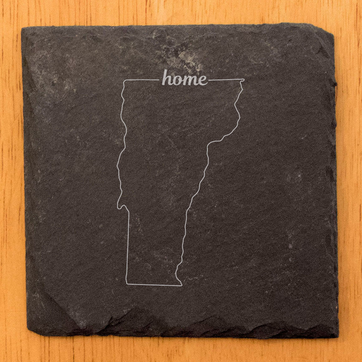 Rustic Slate Coasters Set of 4, Round 4" with Vermont 'Home' Design, Laser Etched, Perfect for Holidays, Birthdays, Housewarming Gifts, Made in Oregon, USA, Natural Chipped Edge, Rubber Feet