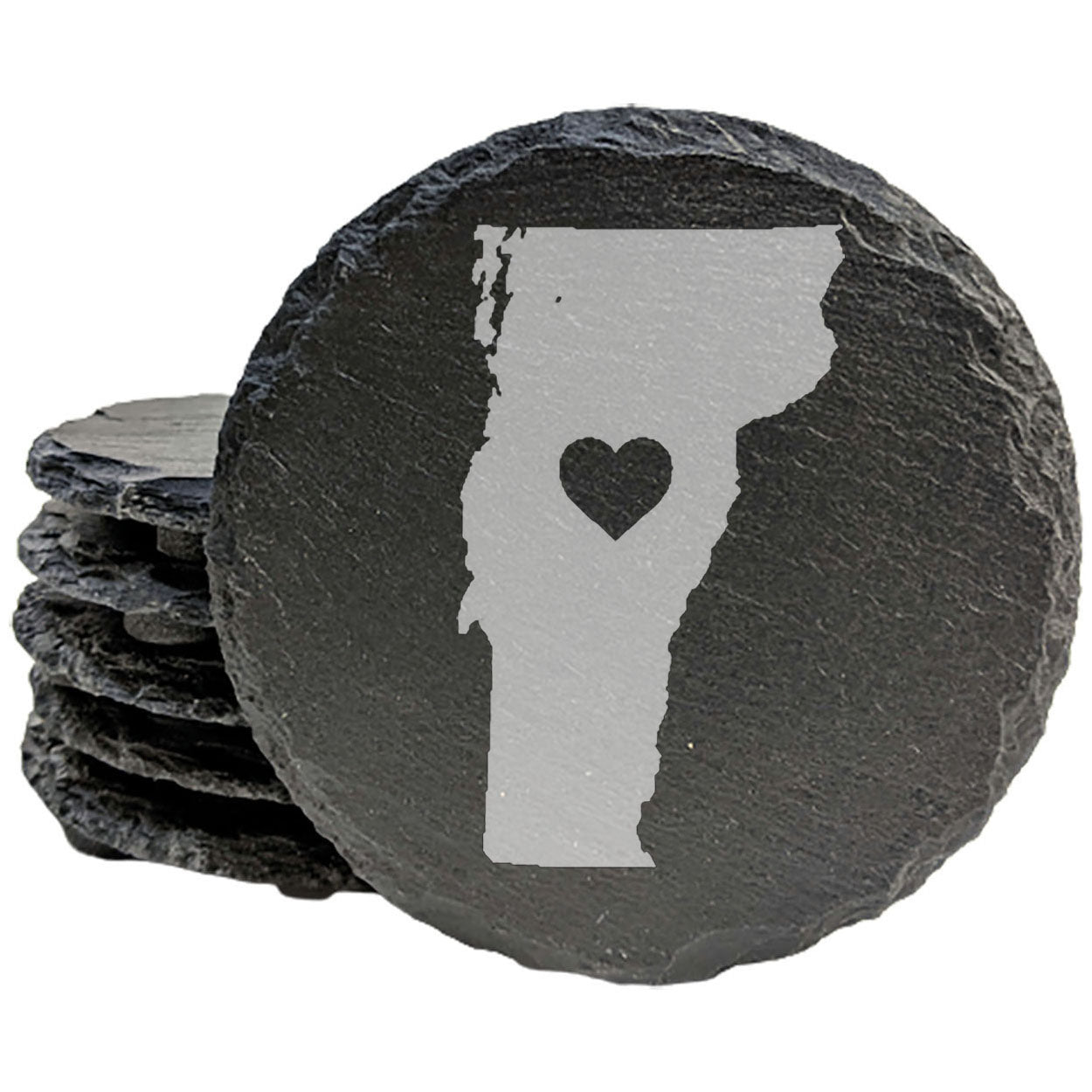 Rustic Slate Coasters Set of 4, Vermont Heart Design, 4" Round, Natural Chipped Edge, Rubber Feet, , Perfect for Holidays, Birthdays, Housewarming, Made in Oregon, USA