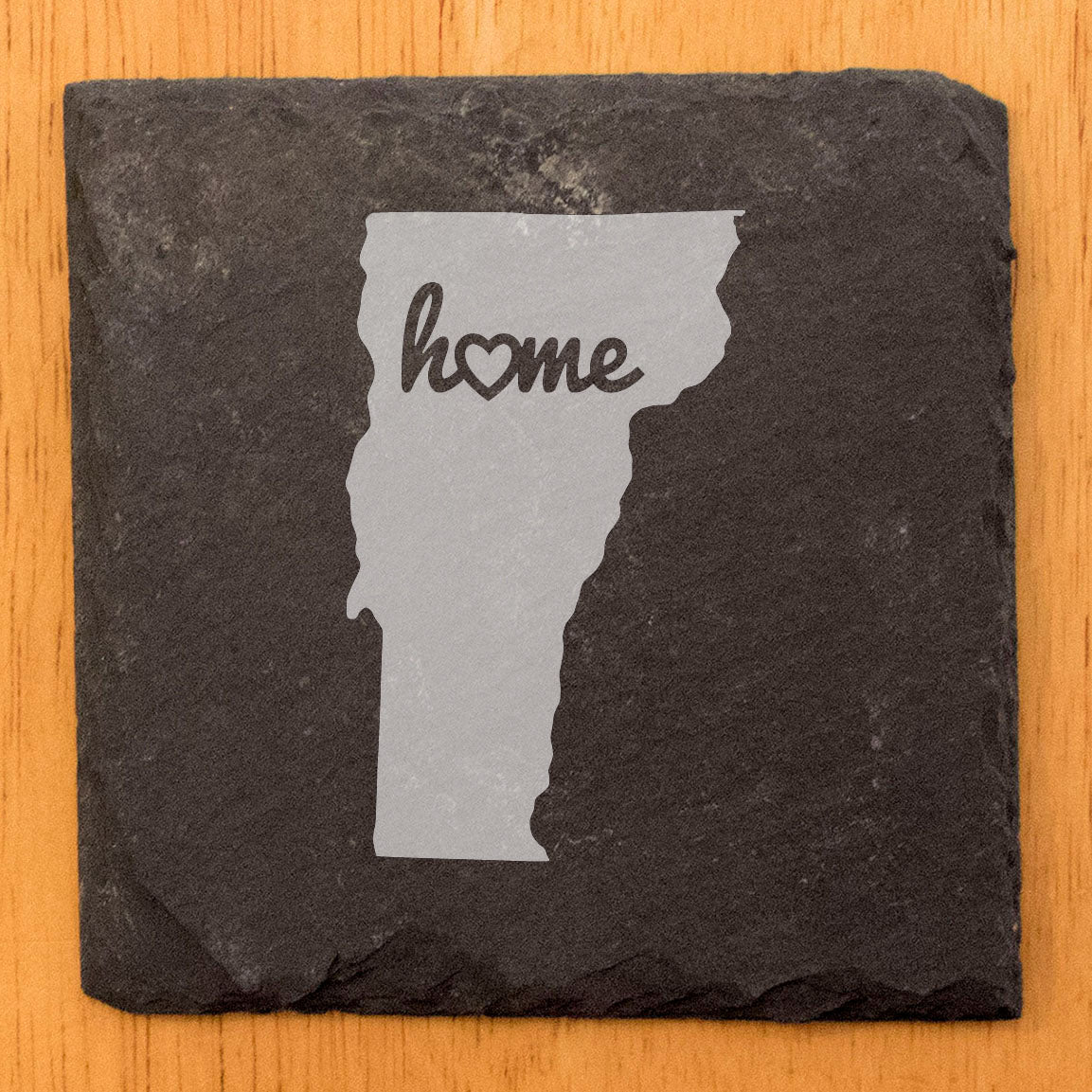 Rustic Slate Coasters Set of 4 - Vermont 'Home' Design, Heart Detail, 4" Round, Natural Chipped Edge, Rubber Feet, , Perfect for Holidays, Birthdays, Housewarming, Made in USA