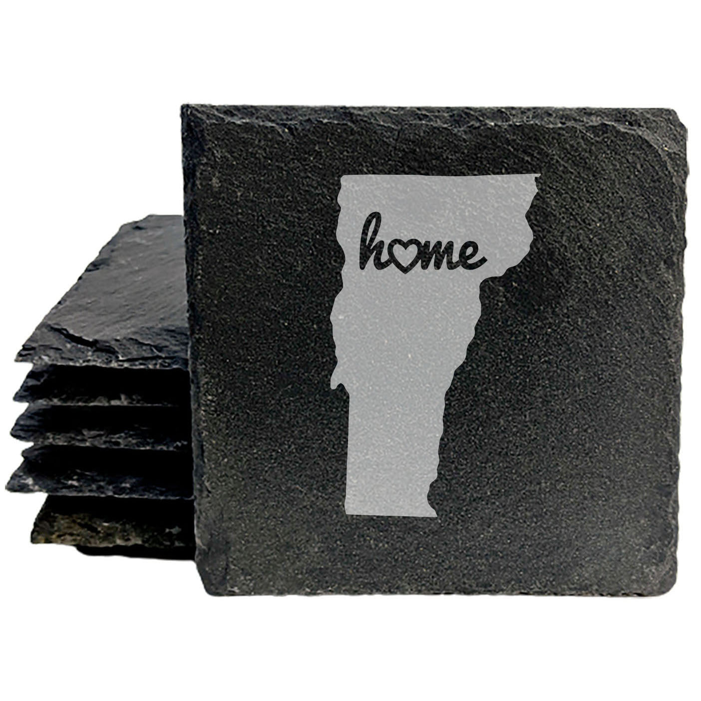 Rustic Slate Coasters Set of 4 - Vermont 'Home' Design, Heart Detail, 4" Round, Natural Chipped Edge, Rubber Feet, , Perfect for Holidays, Birthdays, Housewarming, Made in USA