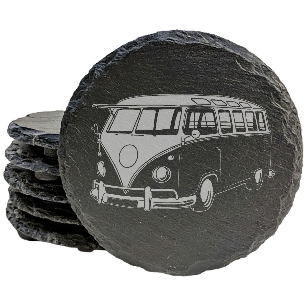 Vintage VW Bus Slate Coasters - Set of 4 | Laser-Etched Retro Volkswagen Drink Mats for Home & Car Enthusiasts!- Round Slate - set of 4