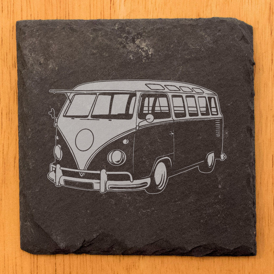 Vintage VW Bus Slate Coasters - Set of 4 | Laser-Etched Retro Volkswagen Drink Mats for Home & Car Enthusiasts!- Round Slate - set of 4