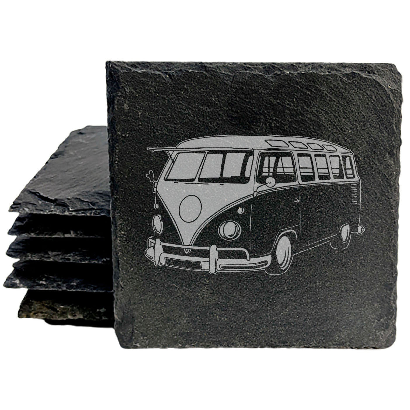 Vintage VW Bus Slate Coasters - Set of 4 | Laser-Etched Retro Volkswagen Drink Mats for Home & Car Enthusiasts!- Round Slate - set of 4