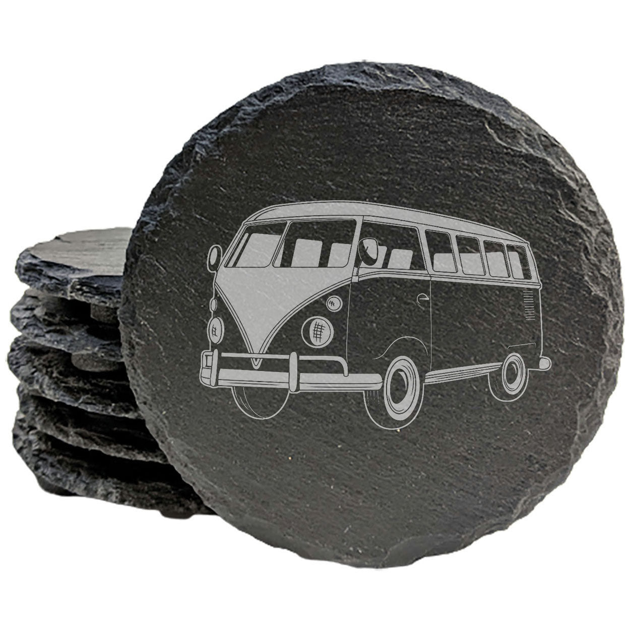 Vintage VW Bus Coasters - Laser-Etched Slate Drink Mats for Retro Vibe Home Decor