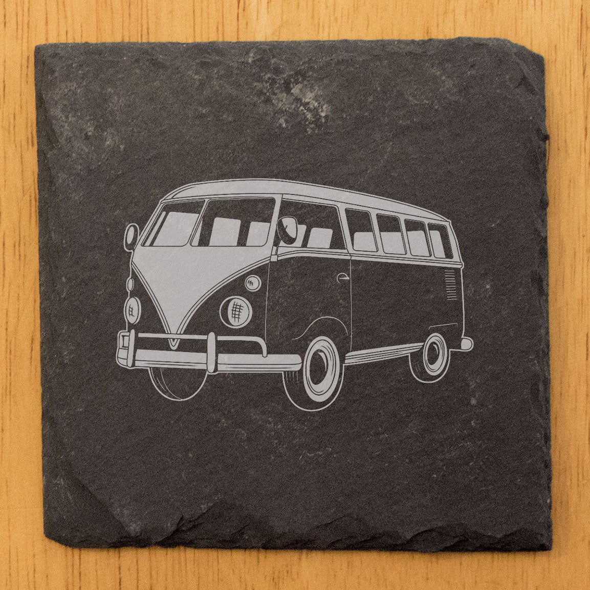 Vintage VW Bus Coasters - Laser-Etched Slate Drink Mats for Retro Vibe Home Decor