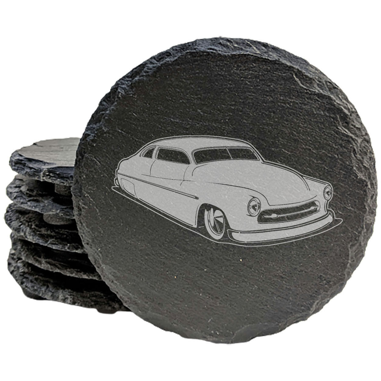 Rev Up Your Decor with Vintage Hot Rod Charm! Slate Coasters Set - Laser Etched, Stylish Home Accessories for Car Enthusiasts