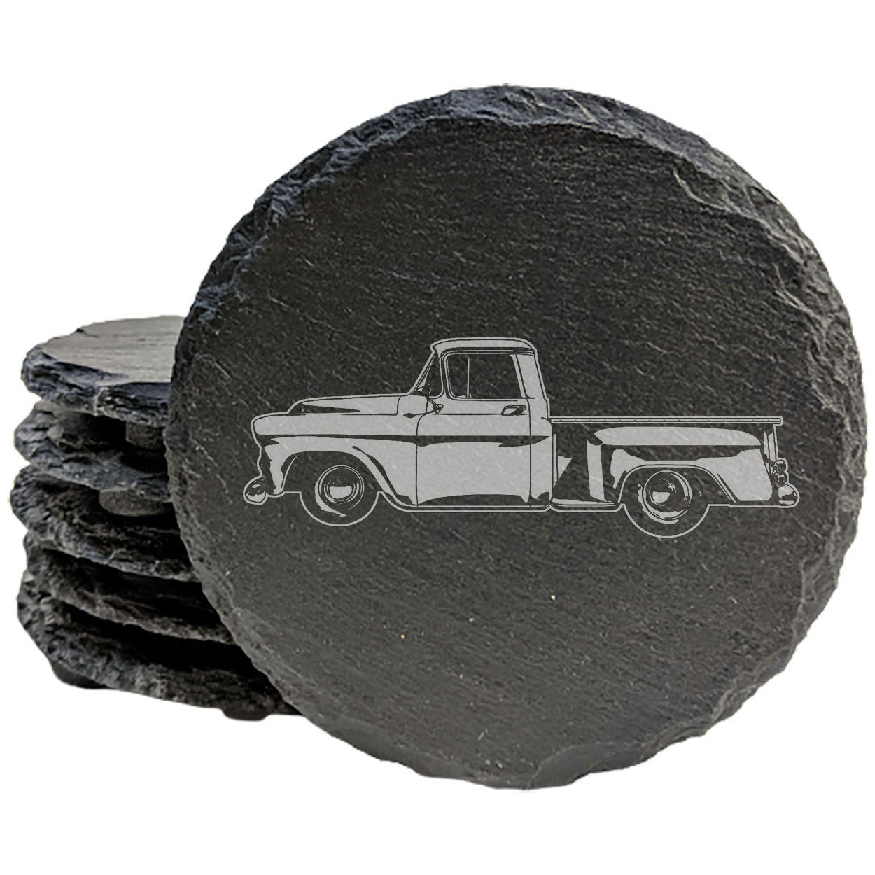 Vintage Truck Delight: Laser-Etched Slate Coasters Set for Stylish Home Decor & Drink Protection