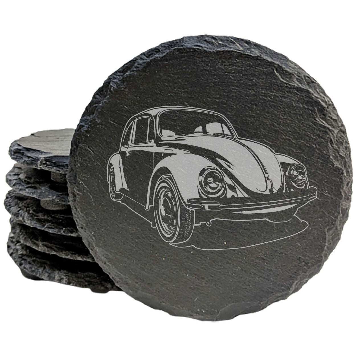 Vintage VW Bug Slate Coasters Set - Retro Laser-Etched Drink Mats for Car Enthusiasts!