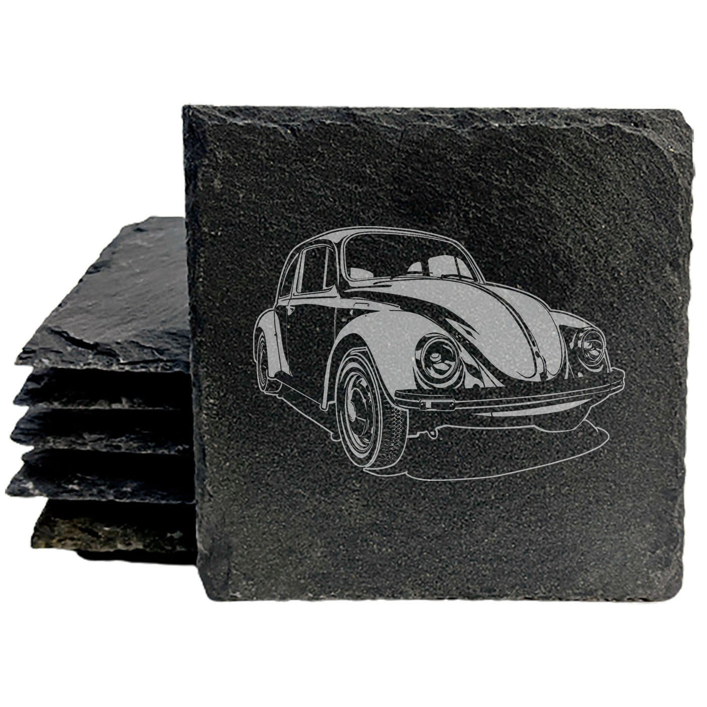 Vintage VW Bug Slate Coasters Set - Retro Laser-Etched Drink Mats for Car Enthusiasts!