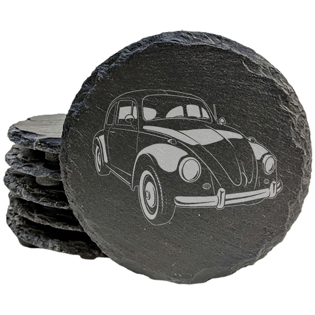 Vintage VW Beetle Delight: Set of Slate Coasters with Laser-Etched Charm - Stylish Home Decor and Perfect Gift for Car Enthusiasts!