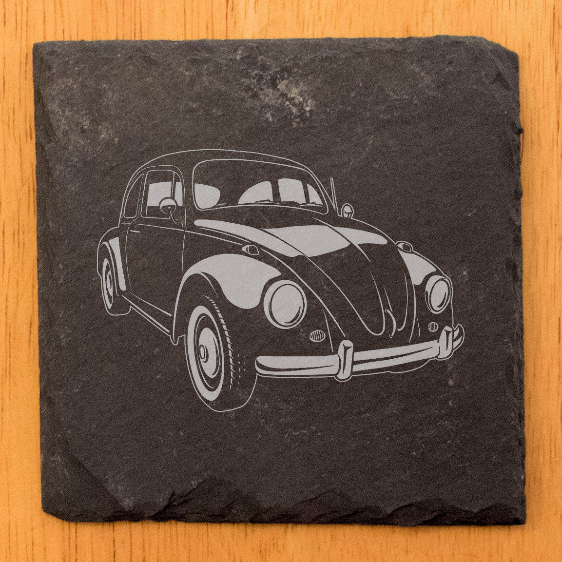Vintage VW Beetle Delight: Set of Slate Coasters with Laser-Etched Charm - Stylish Home Decor and Perfect Gift for Car Enthusiasts!