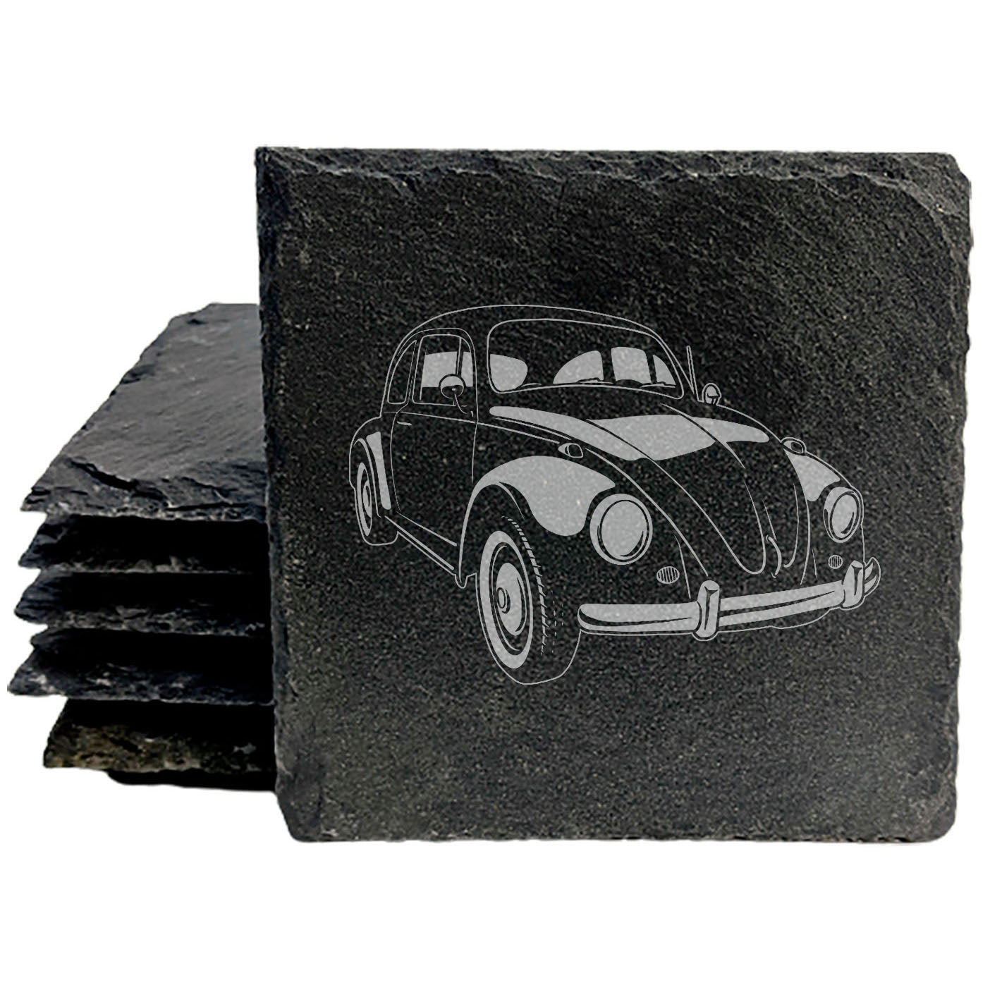 Vintage VW Beetle Delight: Set of Slate Coasters with Laser-Etched Charm - Stylish Home Decor and Perfect Gift for Car Enthusiasts!