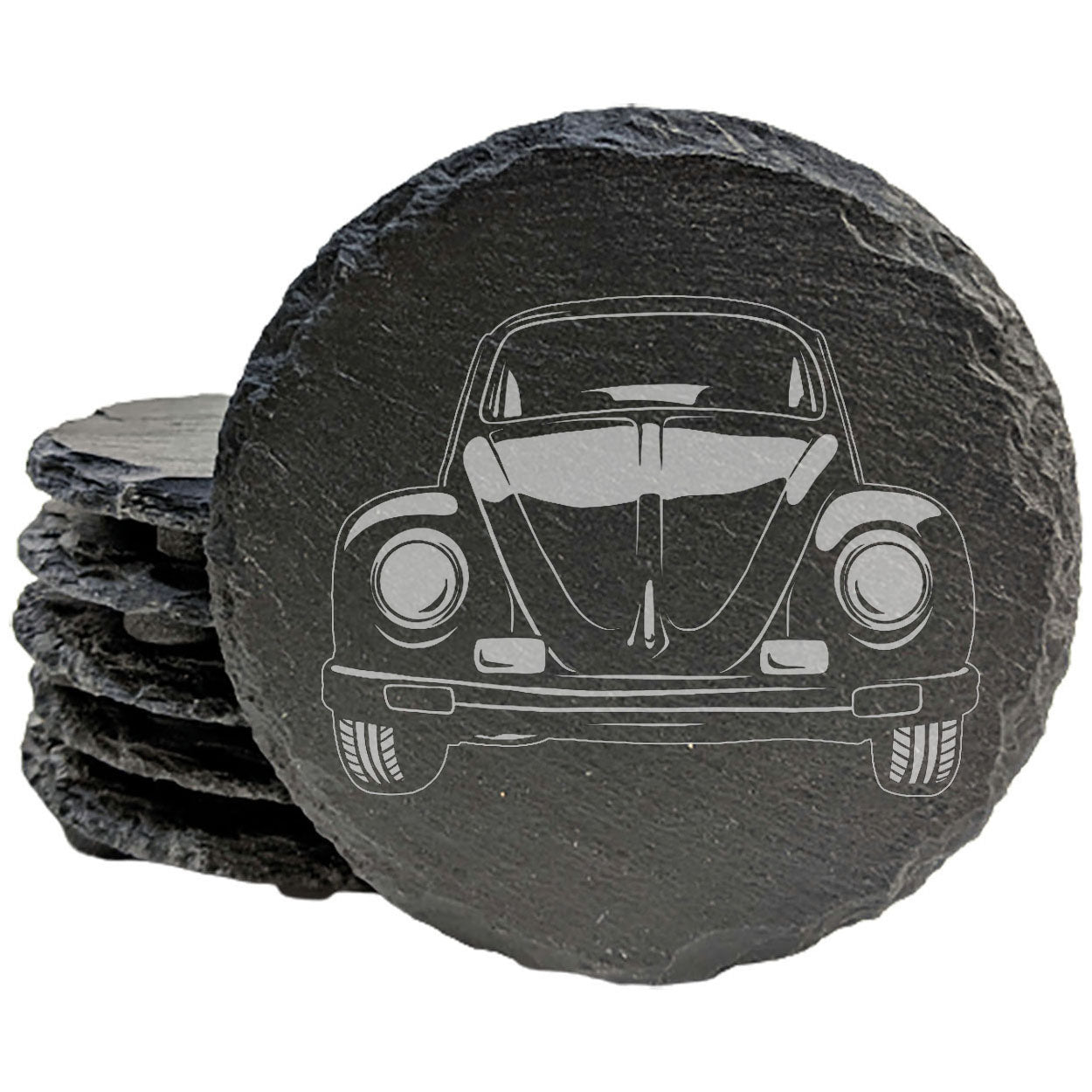 Vintage VW Beetle Slate Coasters Set - Retro Laser-Etched Drink Mats for Car Enthusiasts & Home Decor
