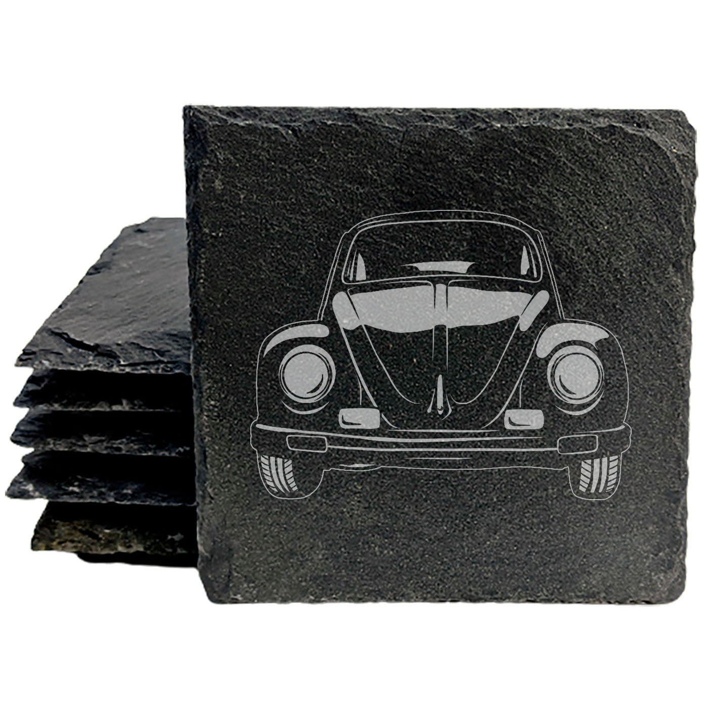 Vintage VW Beetle Slate Coasters Set - Retro Laser-Etched Drink Mats for Car Enthusiasts & Home Decor