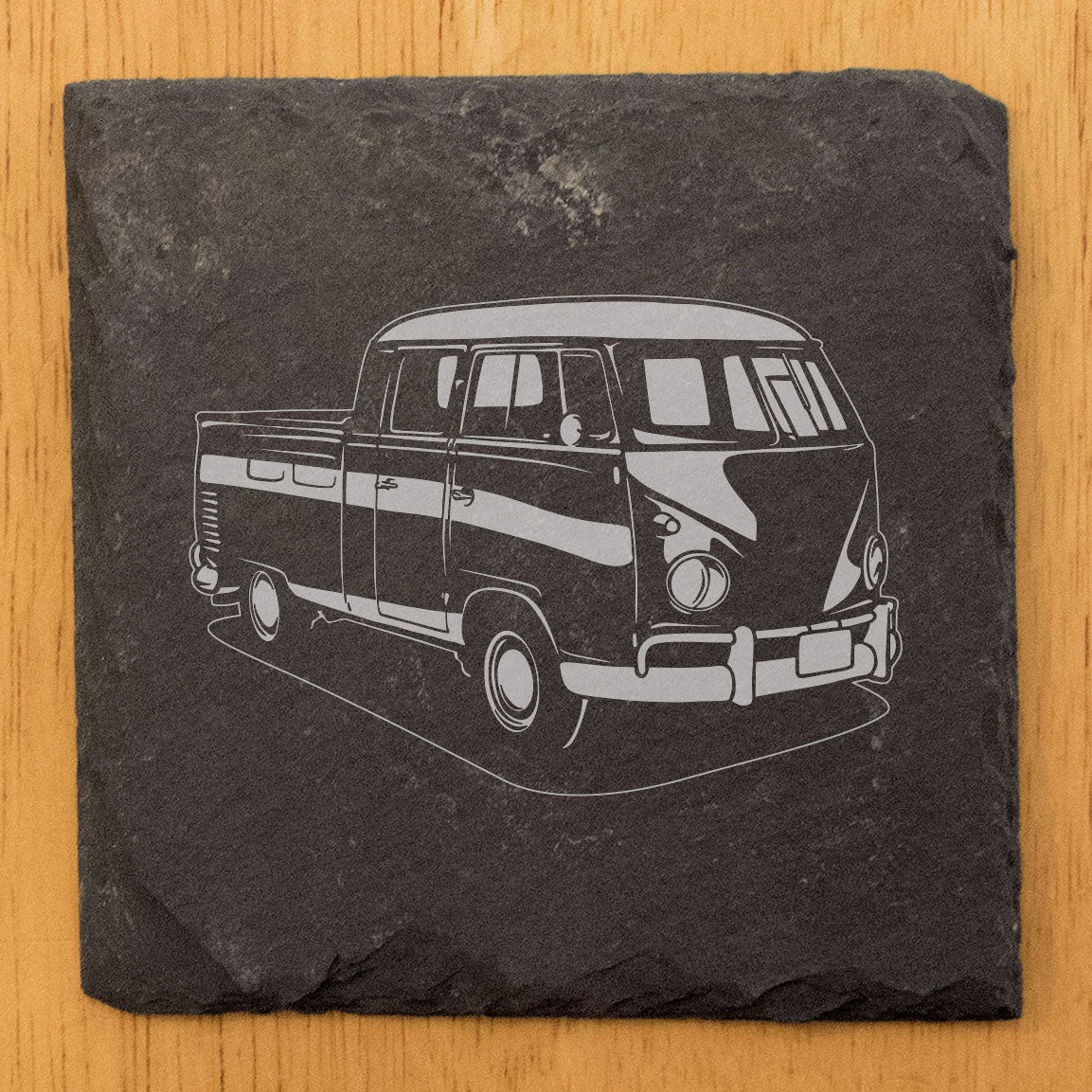 VW T1 Pickup Rustic Gray Slate Coasters Set of 4 - Laser Etched Design, Perfect for Holidays, Birthdays & Housewarming Gifts - Natural Chipped Edge with Rubber Feet - Made in Oregon USA