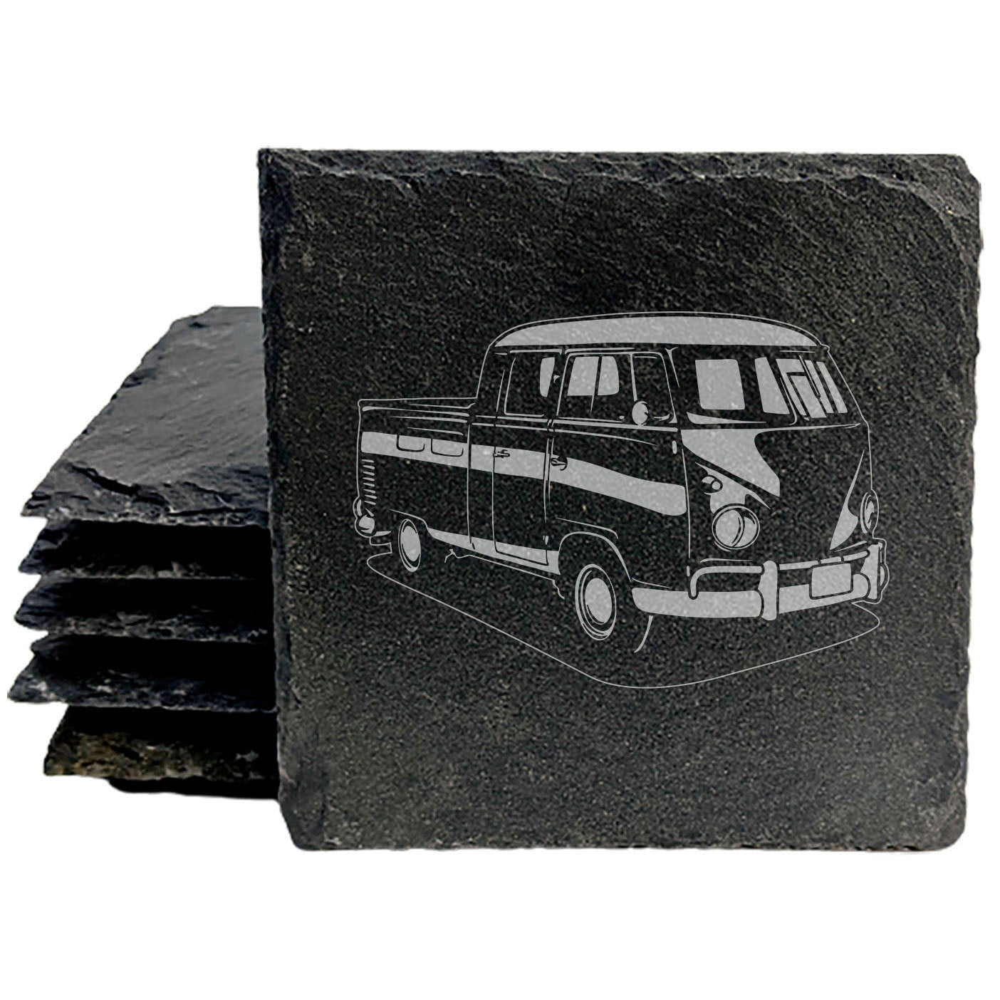 VW T1 Pickup Rustic Gray Slate Coasters Set of 4 - Laser Etched Design, Perfect for Holidays, Birthdays & Housewarming Gifts - Natural Chipped Edge with Rubber Feet - Made in Oregon USA