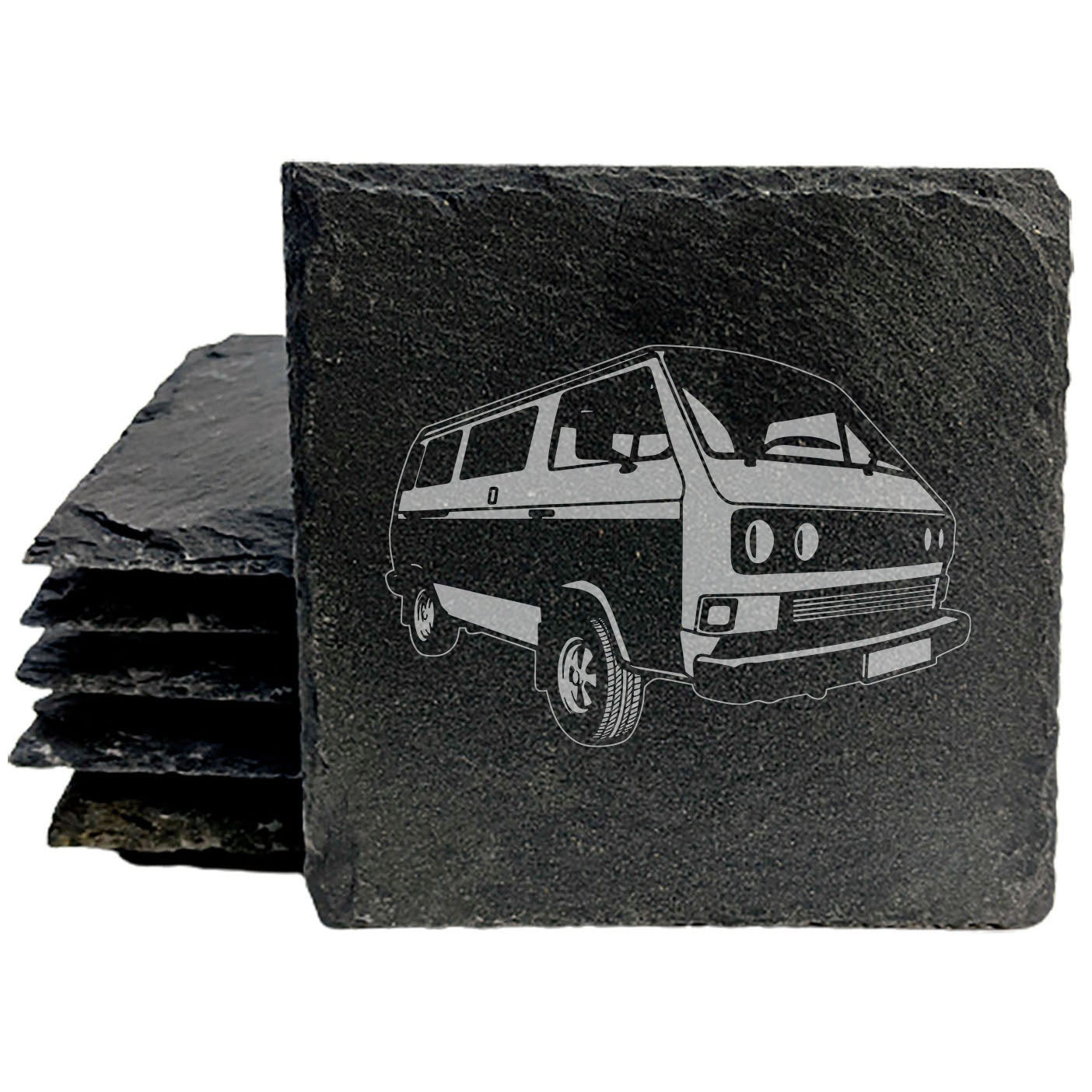 VW Transporter T3 Van Design Rustic Gray Slate Coasters Set of 4 - Laser Etched, Perfect for Holidays, Birthdays & Housewarming Gifts - Round or Square with Natural Chipped Edge & Rubber Feet