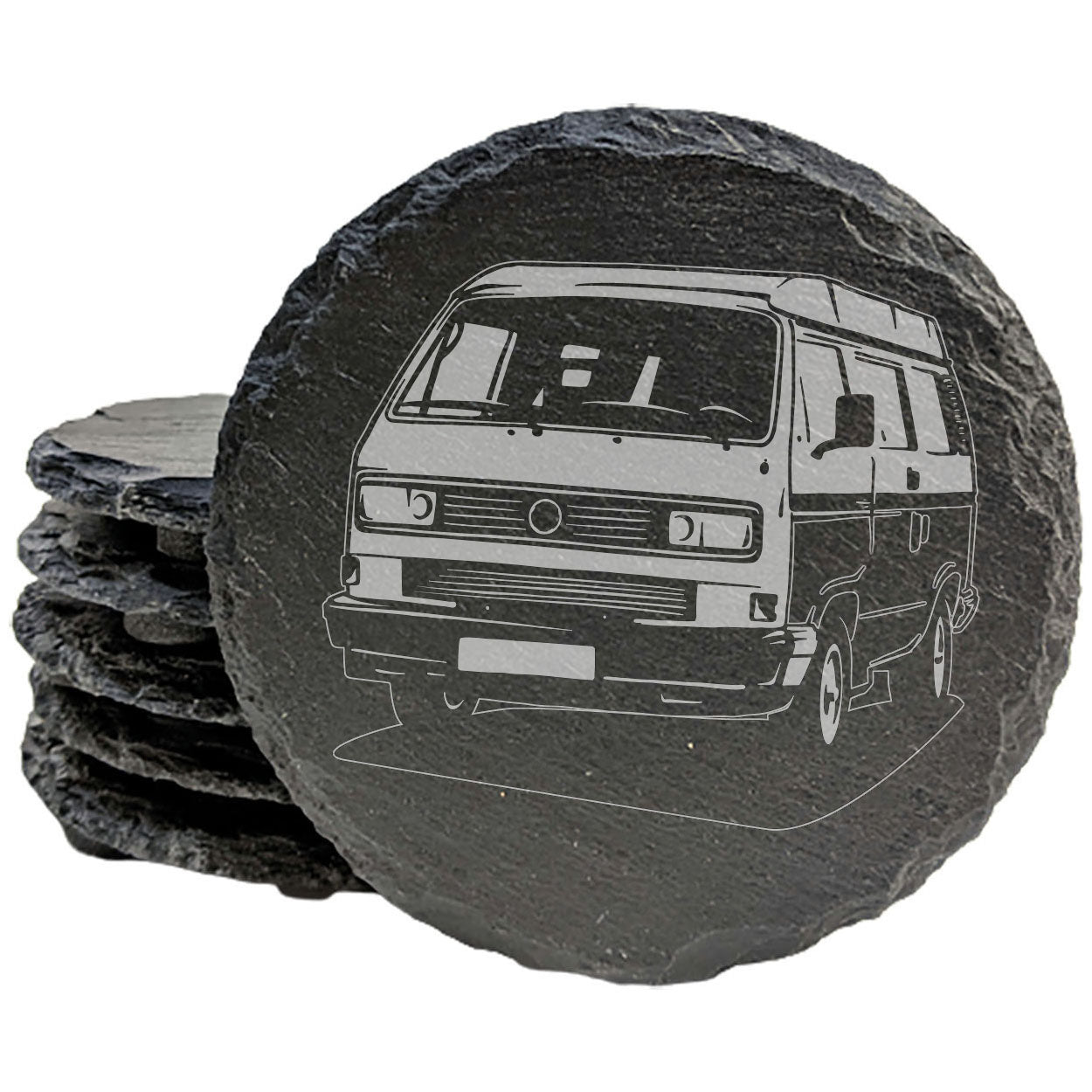 VW Transporter T3 Van Design Rustic Gray Slate Coasters Set of 4 - Perfect All-Occasion Gifts for Holidays, Birthdays, Housewarming - Round or Square with Natural Chipped Edge & Rubber Feet