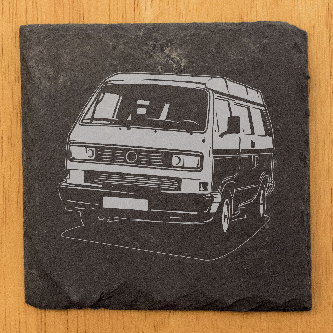VW Transporter T3 Van Design Rustic Gray Slate Coasters Set of 4 - Perfect All-Occasion Gifts for Holidays, Birthdays, Housewarming - Round or Square with Natural Chipped Edge & Rubber Feet