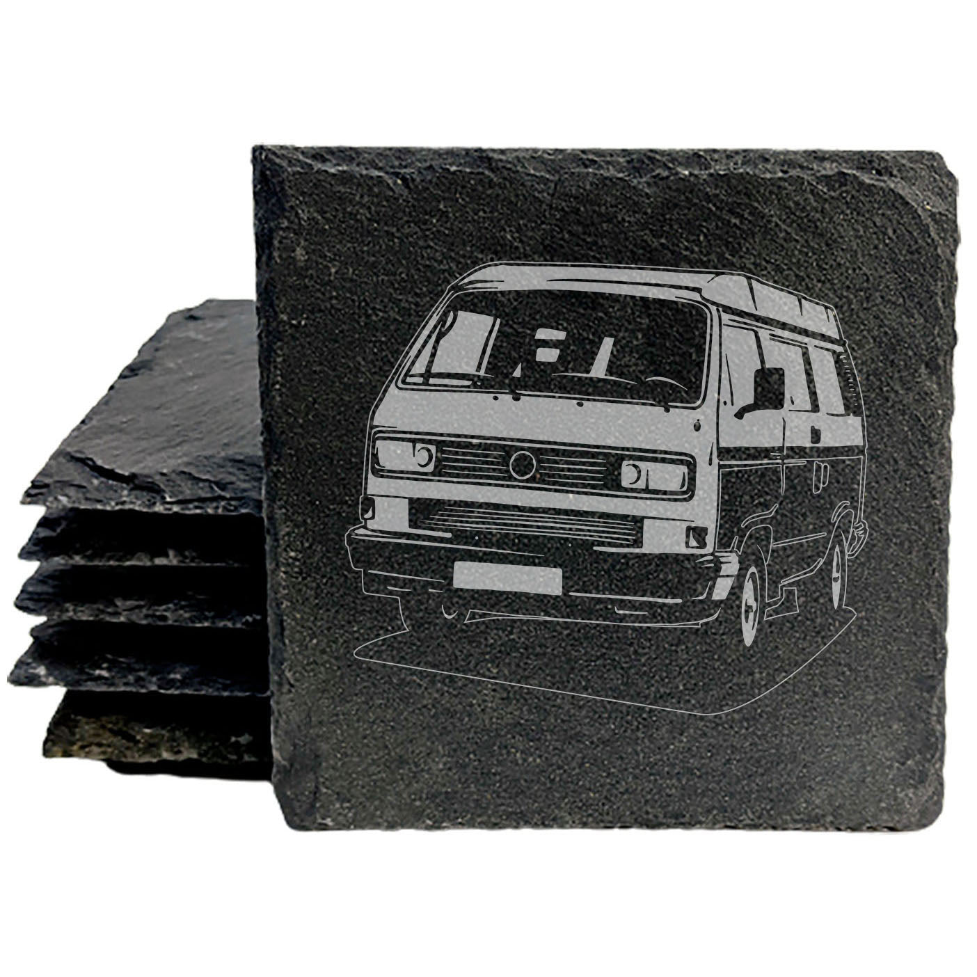 VW Transporter T3 Van Design Rustic Gray Slate Coasters Set of 4 - Perfect All-Occasion Gifts for Holidays, Birthdays, Housewarming - Round or Square with Natural Chipped Edge & Rubber Feet