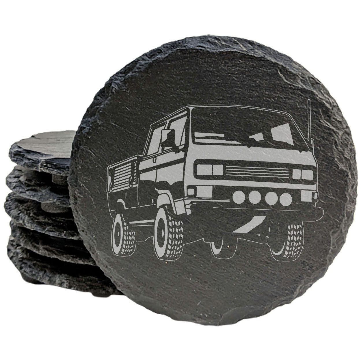 1989 VW Transporter Truck Design Rustic Gray Slate Coasters Set of 4 - Laser Etched, Natural Chipped Edge, Rubber Feet - Perfect for Holidays, Birthdays, Housewarming Gifts - Made in Oregon USA