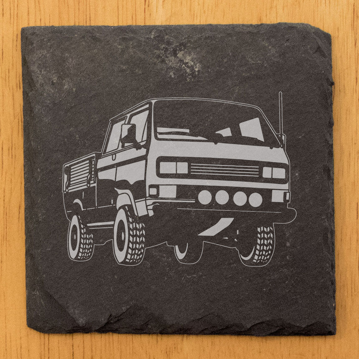 1989 VW Transporter Truck Design Rustic Gray Slate Coasters Set of 4 - Laser Etched, Natural Chipped Edge, Rubber Feet - Perfect for Holidays, Birthdays, Housewarming Gifts - Made in Oregon USA