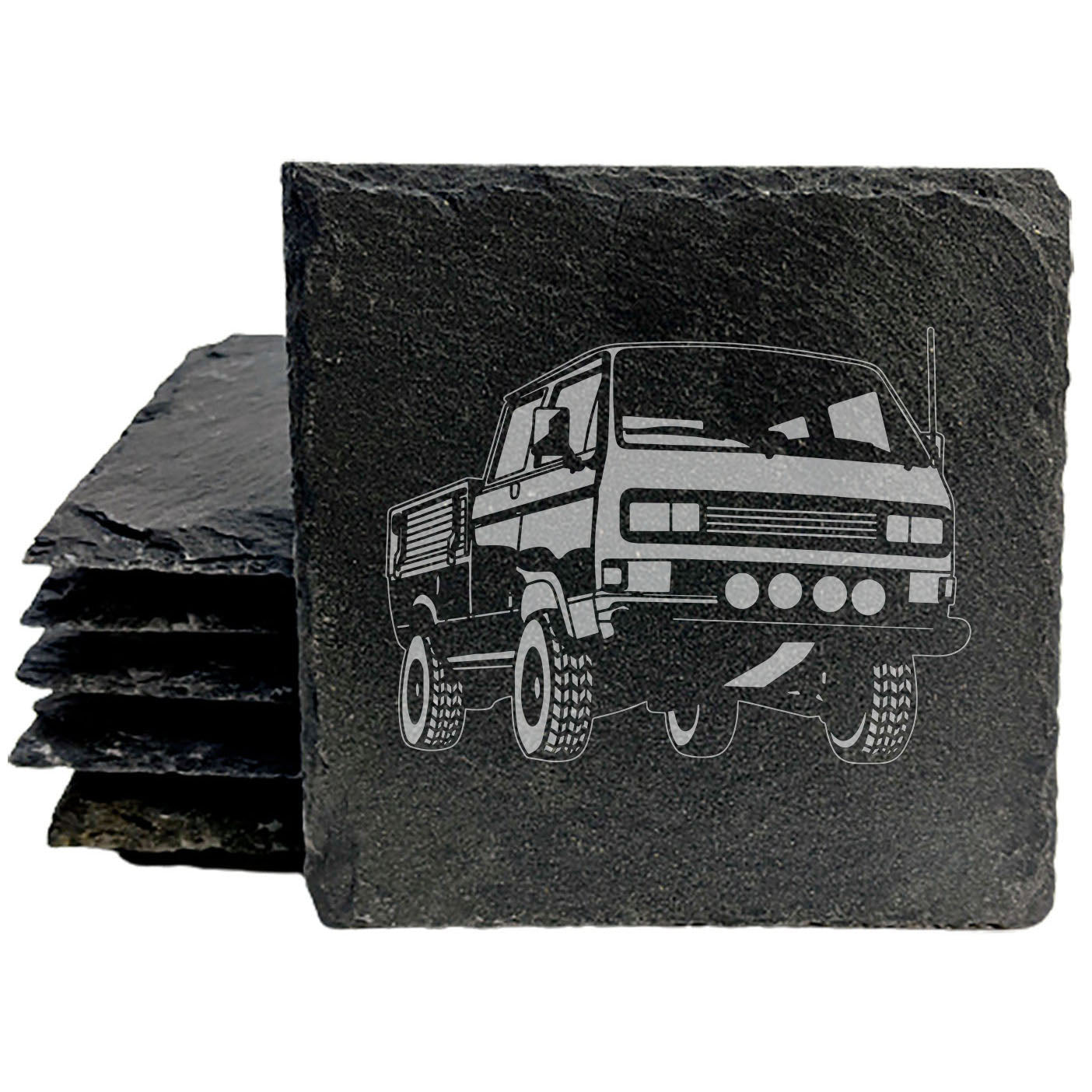 1989 VW Transporter Truck Design Rustic Gray Slate Coasters Set of 4 - Laser Etched, Natural Chipped Edge, Rubber Feet - Perfect for Holidays, Birthdays, Housewarming Gifts - Made in Oregon USA