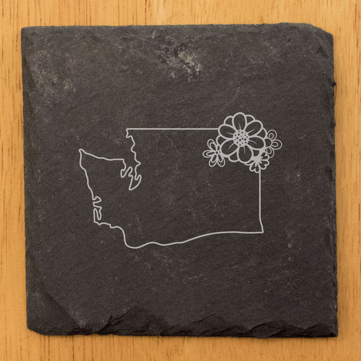 Rustic Slate Coasters Set of 4 - Laser Etched Washington State Design w/ Flower - Perfect Gift for Holidays, Birthdays, Housewarming - 4" Round/Square - Made in Oregon, USA - Natural Edge