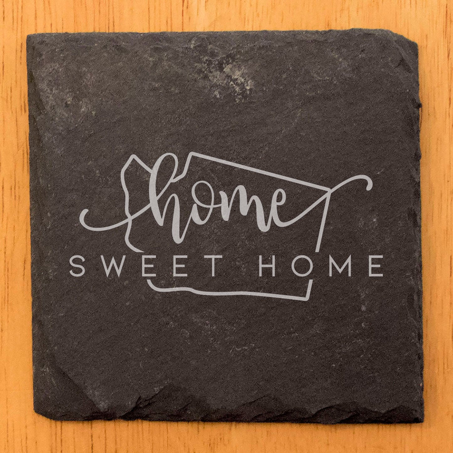 Rustic Slate Coasters Set of 4 - Round 4" with 'Home Sweet Home' Washington Design - Perfect Gift for Holidays, Birthdays, Housewarming - Made in Oregon, USA - Natural Chipped Edge, Rubber Feet
