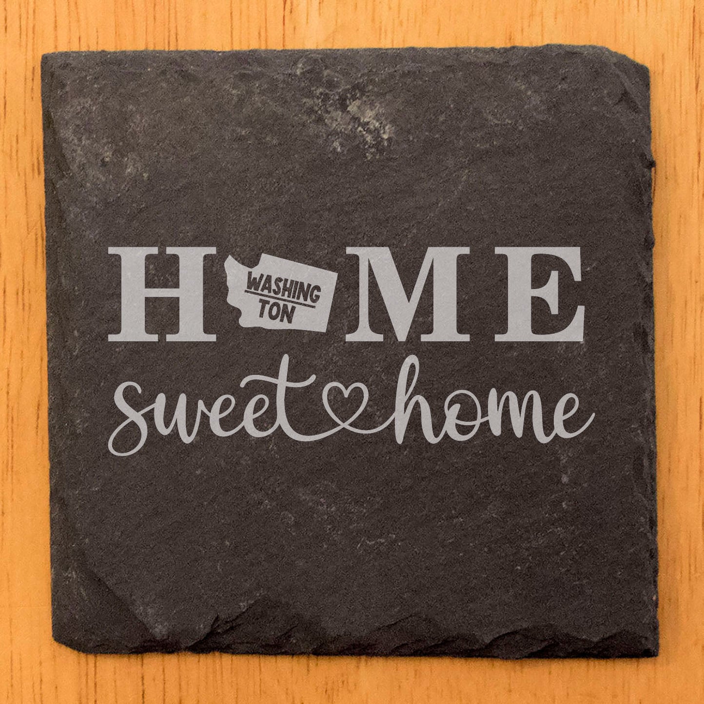 Rustic Slate Coasters Set of 4, 4" Round, Laser Etched 'HOME SWEET HOME' Design, Perfect Gift for Holidays, Birthdays, Housewarming, Made in Oregon, USA, Natural Chipped Edge, Rubber Feet