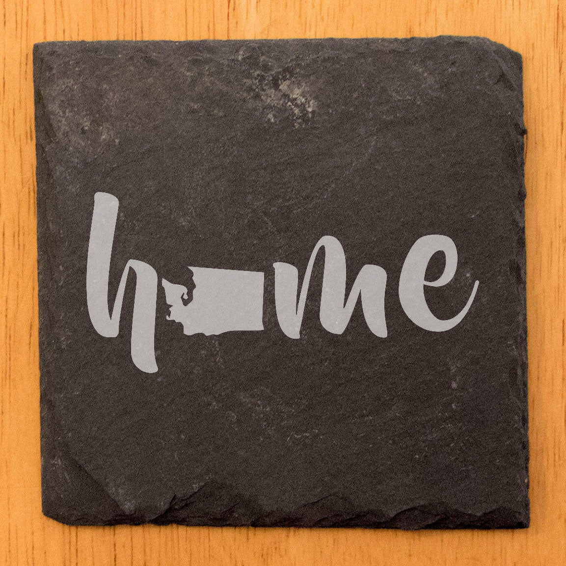 Rustic Slate Coasters Set of 4 - Laser Etched 'Home' Design with Washington State - Perfect Gift for Holidays, Birthdays, Housewarming - 4" Round/Square - Made in Oregon, USA - Natural Edge