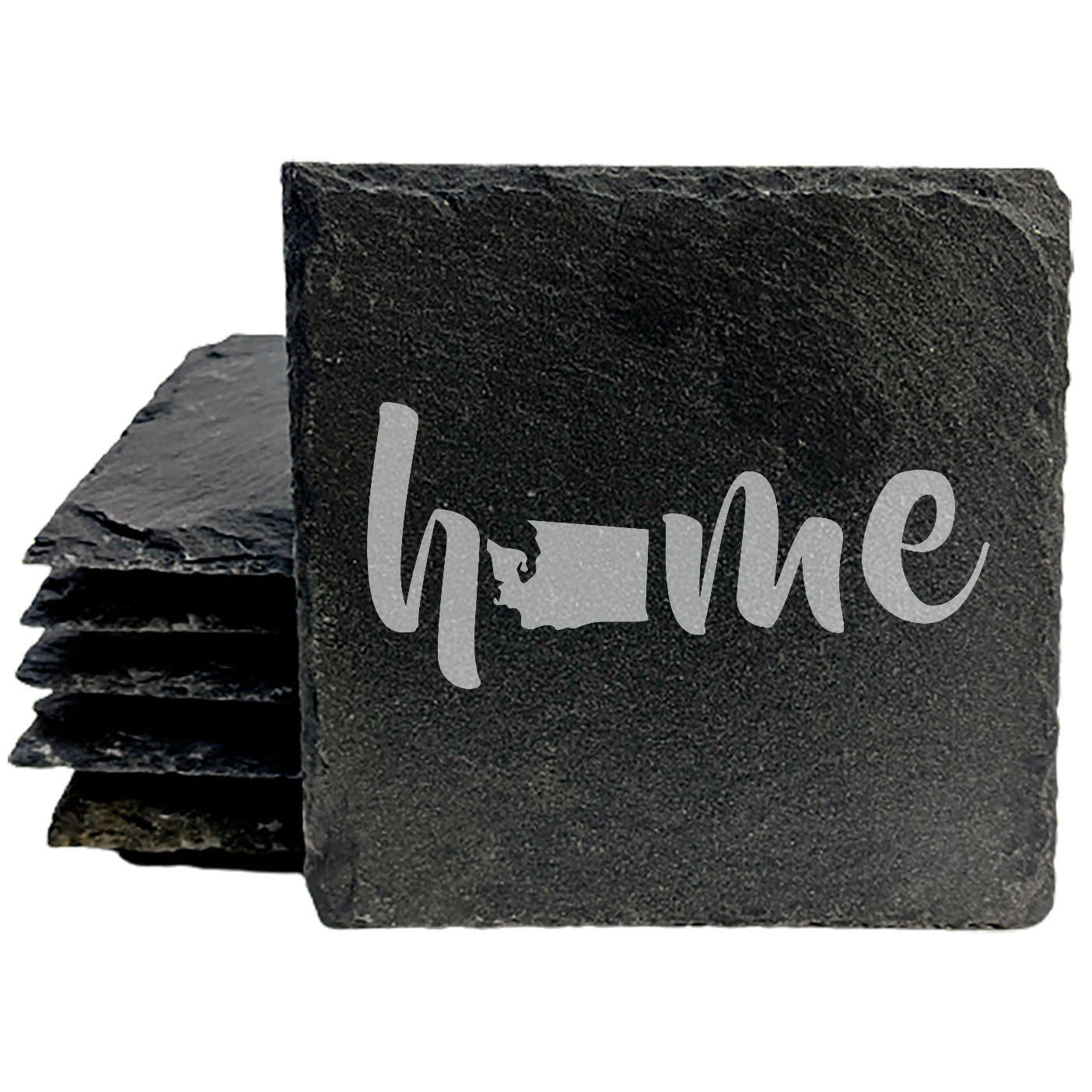 Rustic Slate Coasters Set of 4 - Laser Etched 'Home' Design with Washington State - Perfect Gift for Holidays, Birthdays, Housewarming - 4" Round/Square - Made in Oregon, USA - Natural Edge
